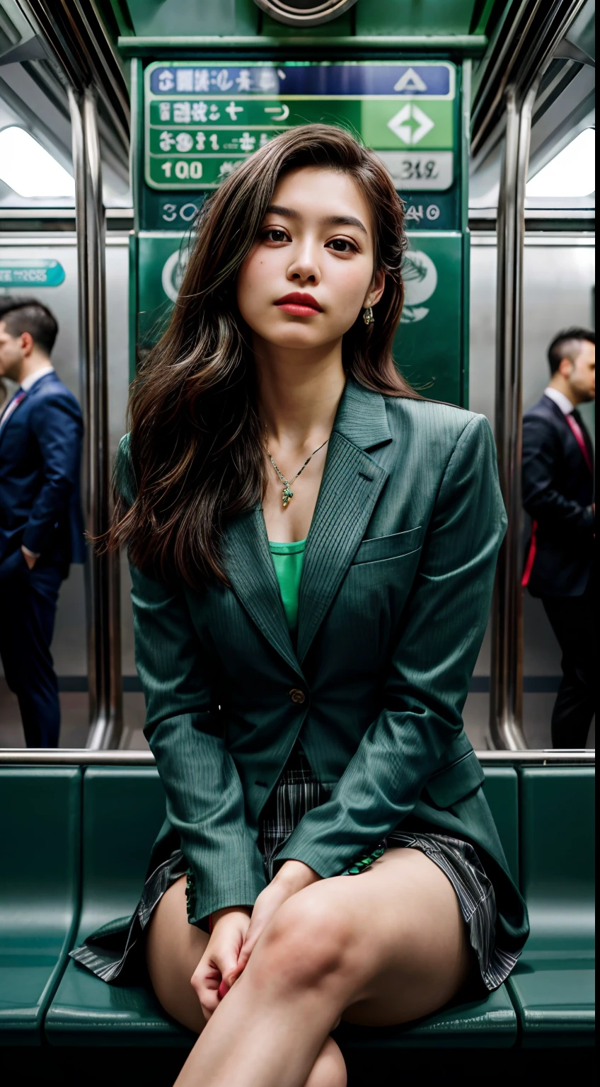 (1girl), solo, latin-girl, long_hair, wearing(green-formal_suit, jewelry), photo(medium-shot), portrait, sitting-poses, pov, blurry_background, background(futuristic-metro_station), (photorealistic, absurdres, best_quality:1.55),