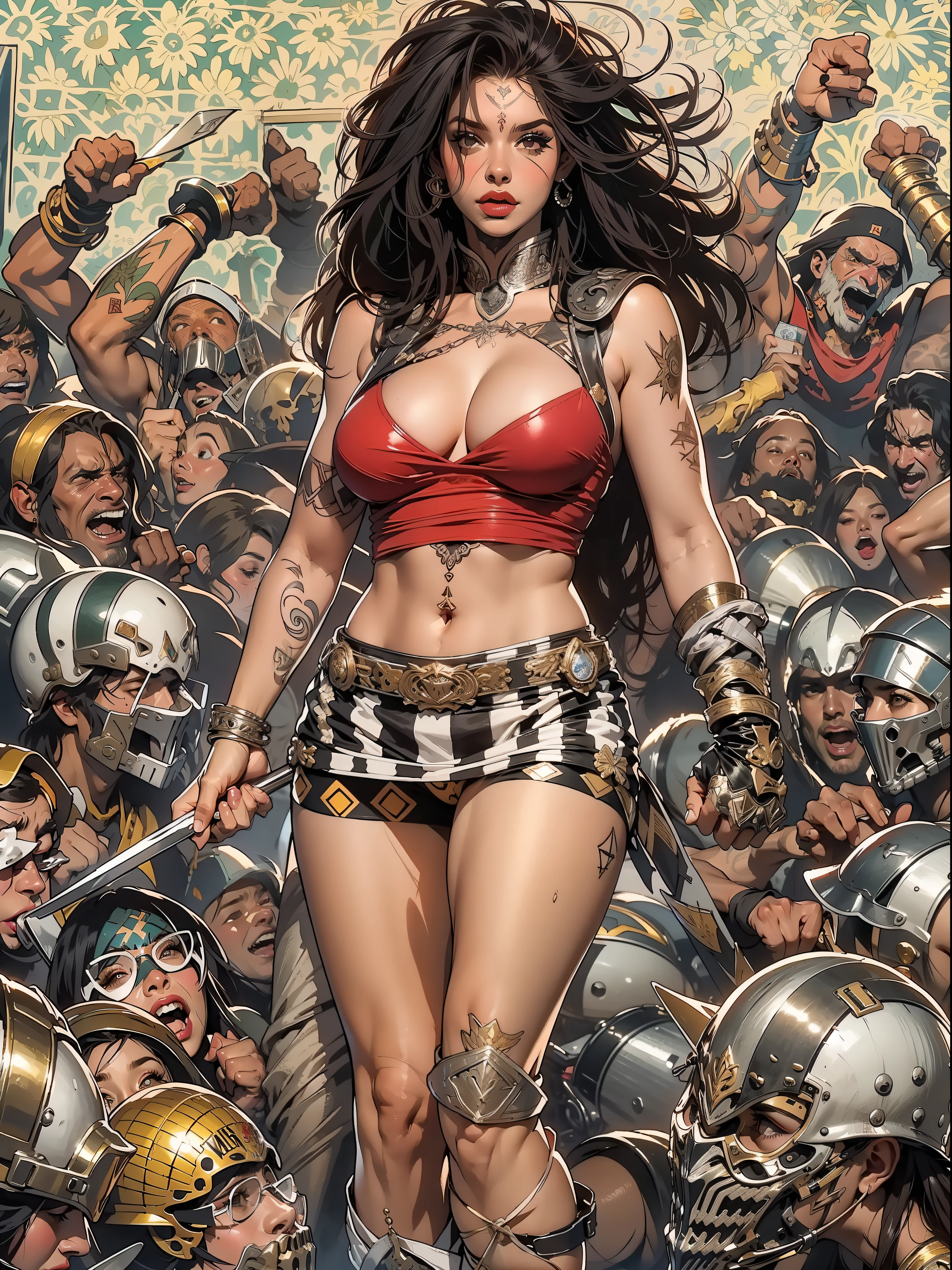 (((mulher))), (((melhor qualidade))), (((obra prima))), (((adulta))), Uma guerreira mulher de 35 anos com corpo perfeito, Brooklyn Gladiators, (( under boobs )), quase nua no estilo selvagem urbano de Simon Bisley para a capa da revista Heavy Metal, cabelo loiro, Minimum clothing, red and white checkered pattern, armadura, cheio de pontas e rebites, tatuagem tribal, (((do joelho pra cima))), cabelo desalinhado