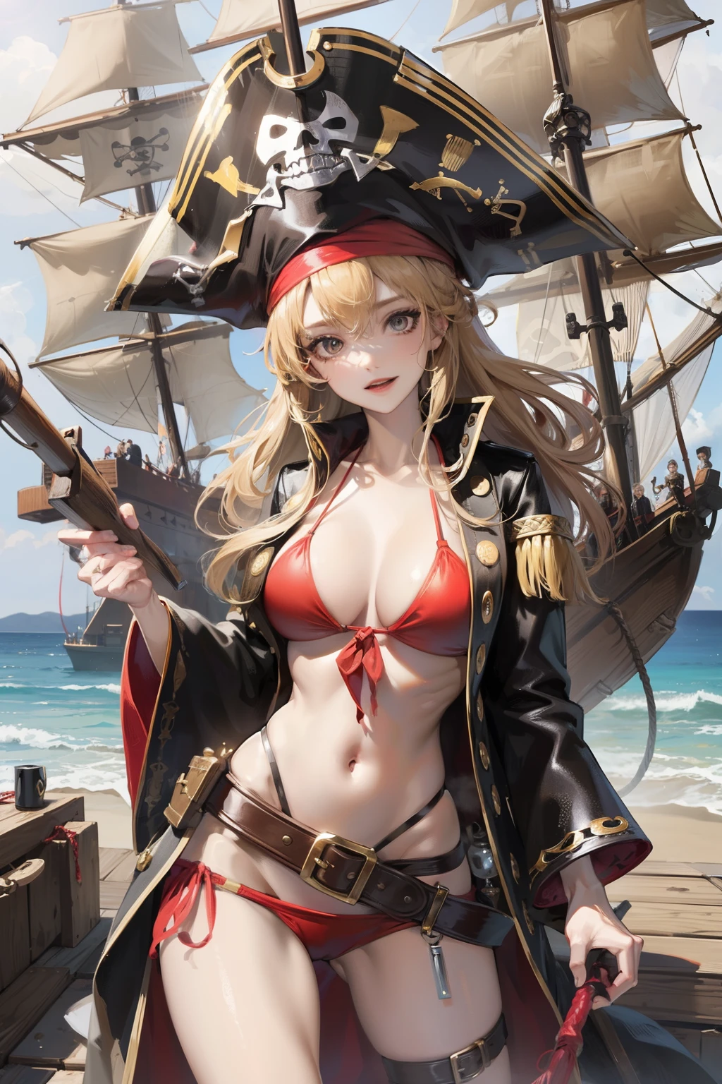 (a pirate, Pirate Costume,Black Pirate Hat、Pirate Ship)、A Japanese Lady、big eye、Red bikini、perm、a blond