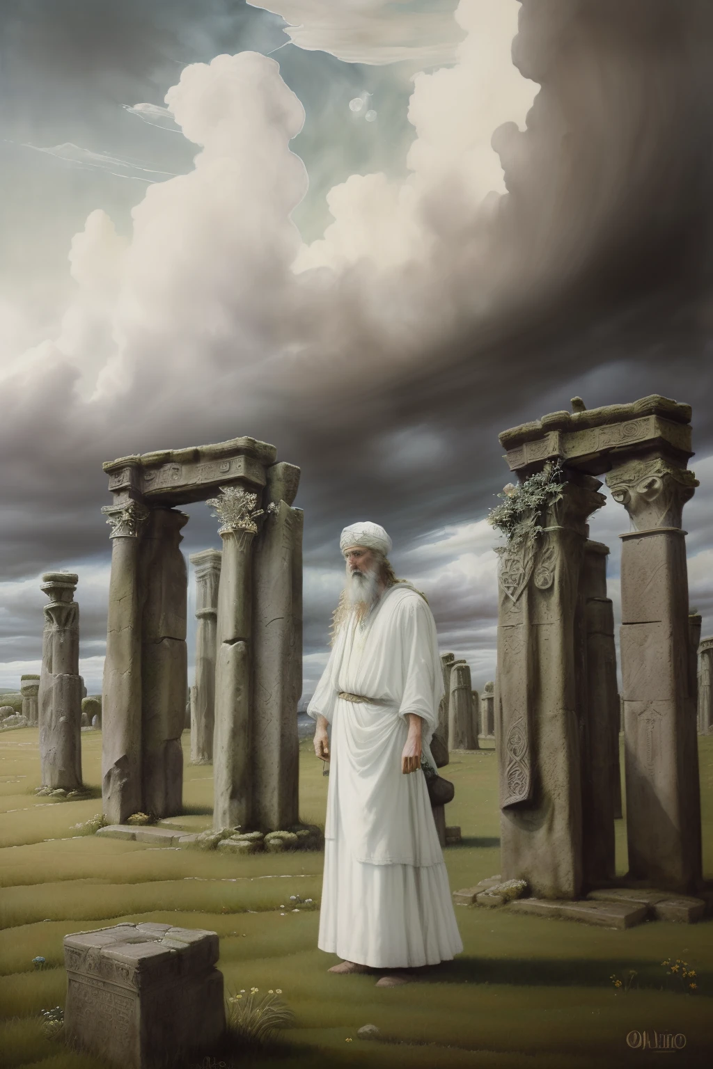 (((Celtic Pre-Raphaelite painting of an old druid in white clothes, olha para o alto e segura ramos de espinheiro-negro, many clouds in the sky. mistborn, paisagem celta, stone henge)))