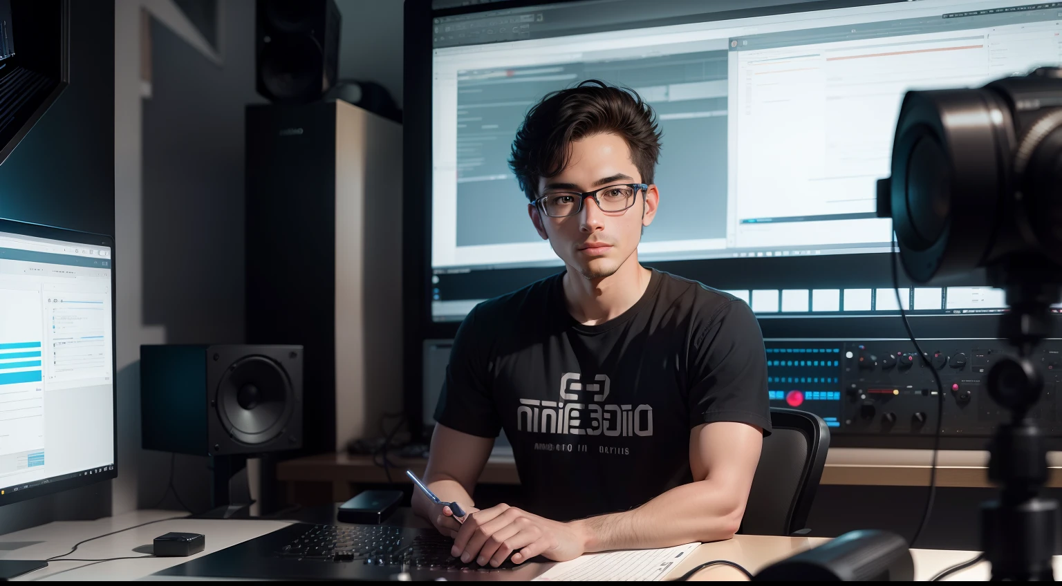 foto realista de nerd de 30 anos, Artificial Intelligence Specialist, Sitting in your studio recording videos for YouTube, olhando para a camera