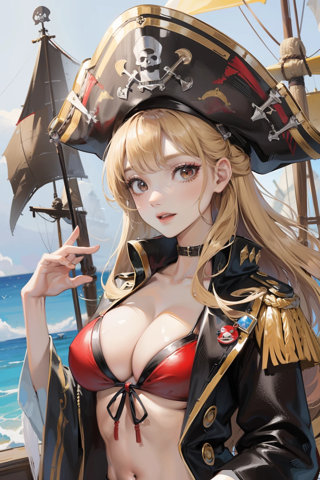 (a pirate, Pirate Costume,Black Pirate Hat、Pirate Ship)、A Japanese Lady、big eye、Red bikini、perm、a blond