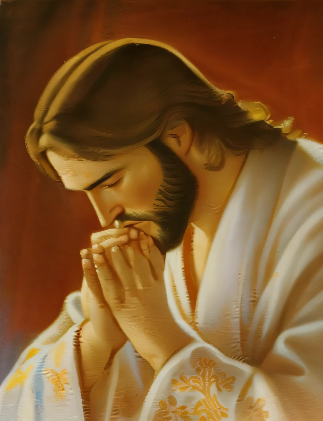 a painting of a man with a beard and a robe in prayer, kneeling in prayer, Absorto em pensamentos, praying posture, Jesus Cristo, doing a prayer, praying, sua mente contemplando a eternidade, Retrato de Jesus Cristo, he is all alone, Greg Olsen, rosto de Jesus, Directed by: Antonio Ciseri, Her eyes are closed, Jesus, orar meditando