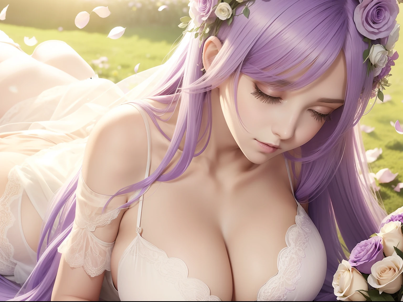 1 girl, long light purple hair, green eyes, wearing cream lacy silk slip dress, lounging among flowers, cleavage, big boobs, flower petals, sunny, no nudity, covered in flower petals, close up, detailed