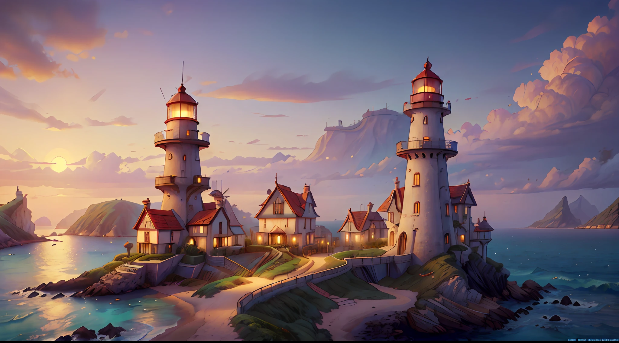 "(Fantasy city: 2), (stunning coast, beautiful sandy beach) (1 frigate at sea: 0.7), (1 lighthouse: 0.5), dawn, WALLPAPER, (((masterpiece))), (best quality), (ultra-detailed), detailed and intricate, elegant, ornate"