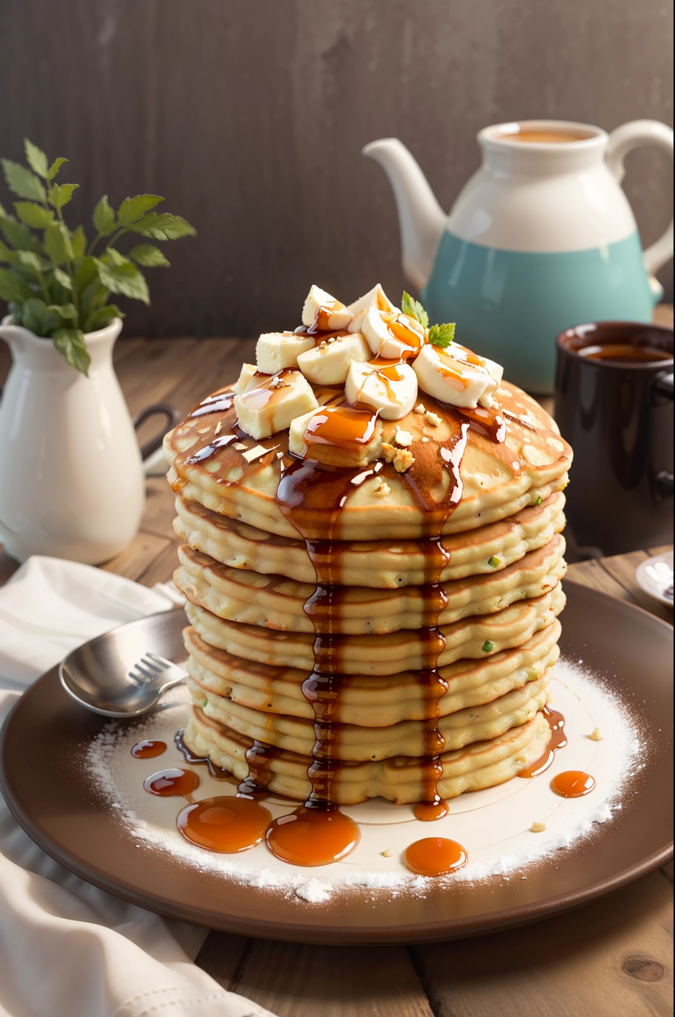 masterpiece, high quality, best quality, pancakes poured with maple syrup, (thin pancakes), foodphoto,