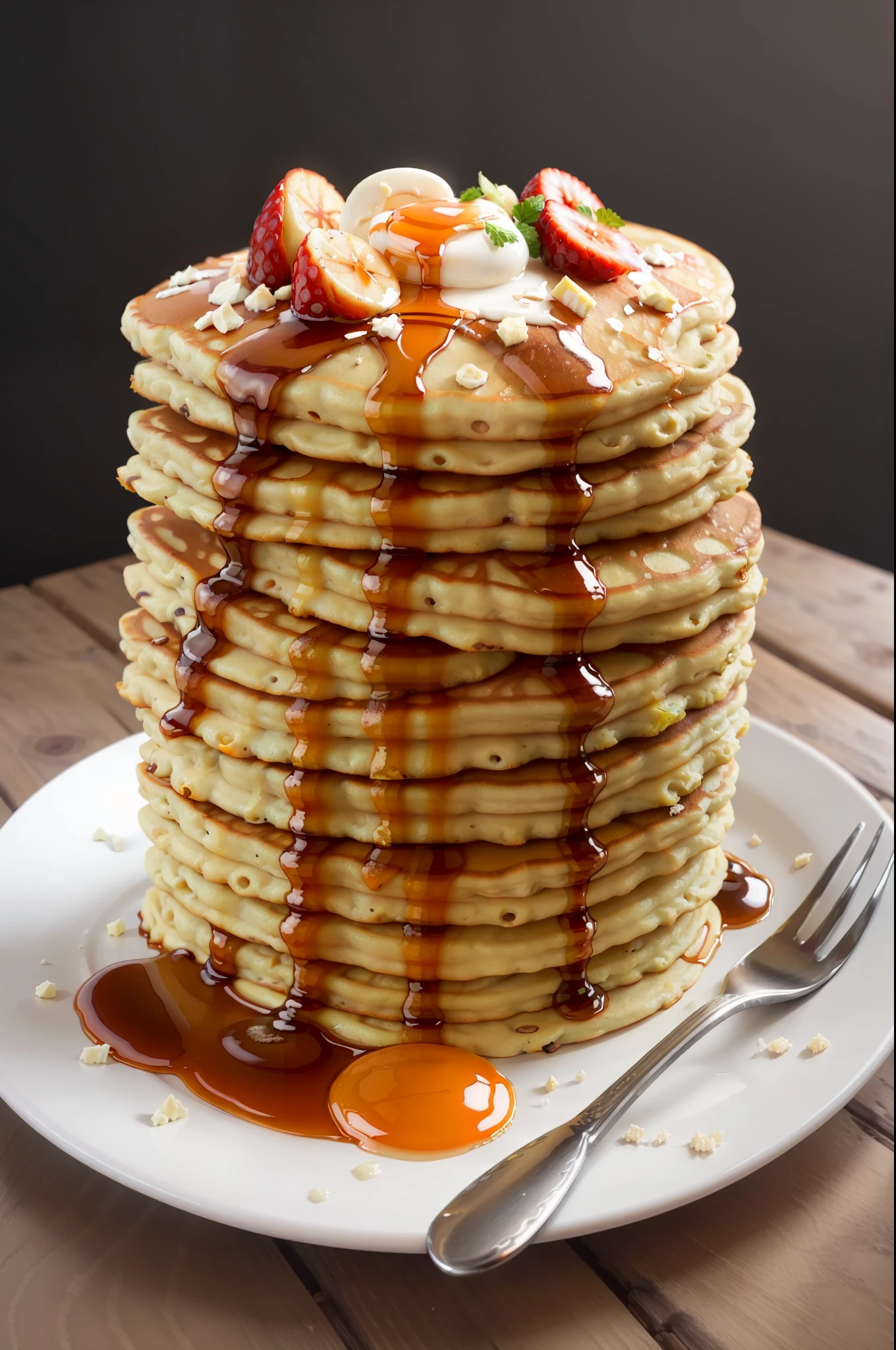 masterpiece, high quality, best quality, pancakes poured with maple syrup, (thin pancakes), foodphoto,