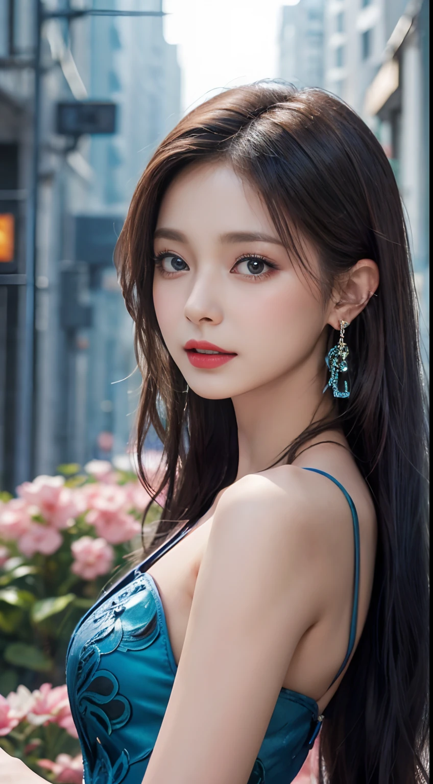 Urban beautiful girl college student, masterpiece, (nsfw:1.5)、Cleavage、light makeup, Red lips, Silver Hair, Disheveled long hair, Street background, beautiful, elegant. Extremely fine detail, Master Works, Authentic texture, Realism in film lighting, Perfect job, 16K, High resolution, exquisite features,blue eyes、Japanese Idols、beautiful顔、Cute Smile、Brown Hair、beautiful hair、ponytail、Shiny skin、Sunburned skin、Shining black skin、 Bright big eyes, Smooth Skin, Earrings, necklace、