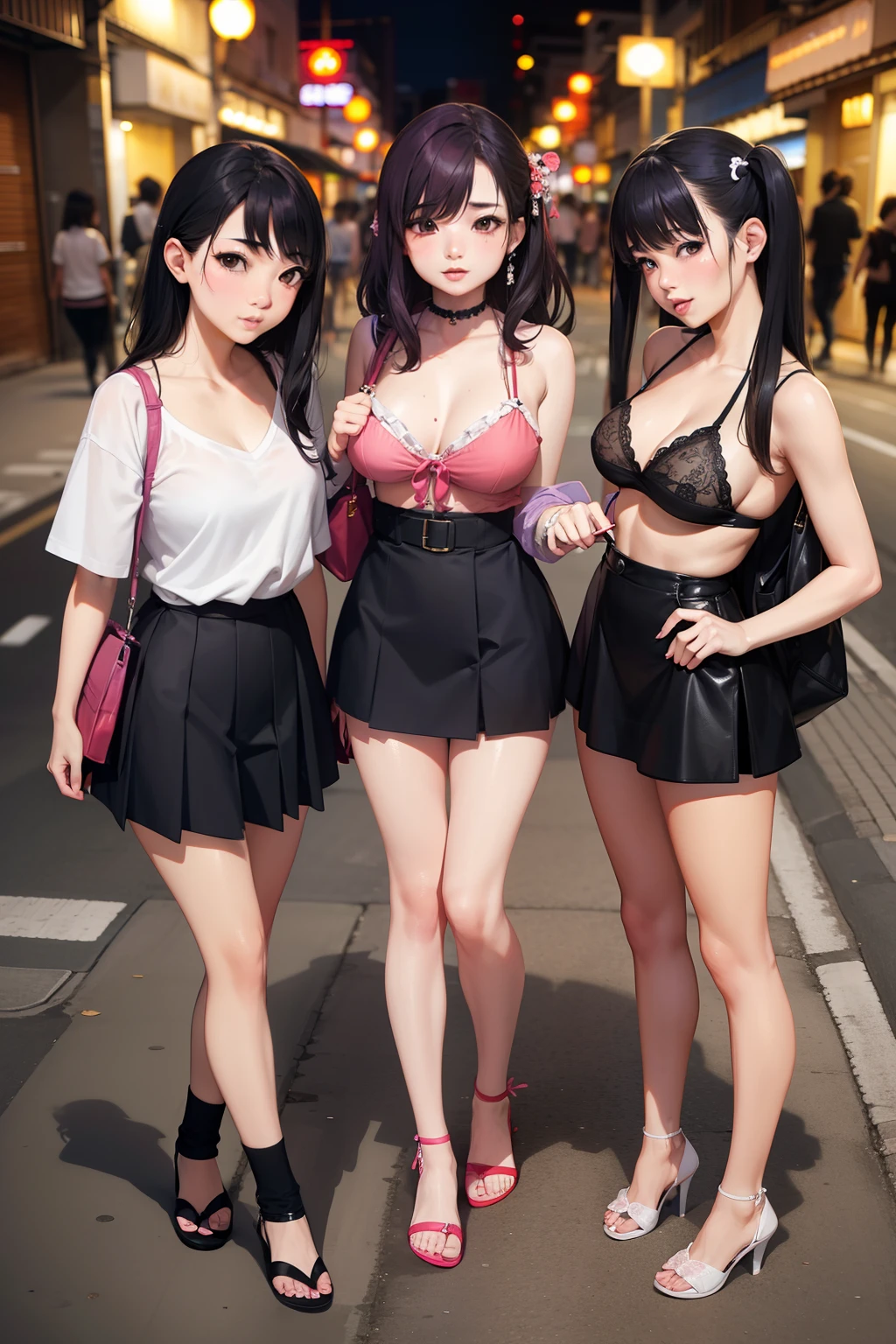 tres prostitutas japonesas adolescentes usando doll sexy na rua a noite