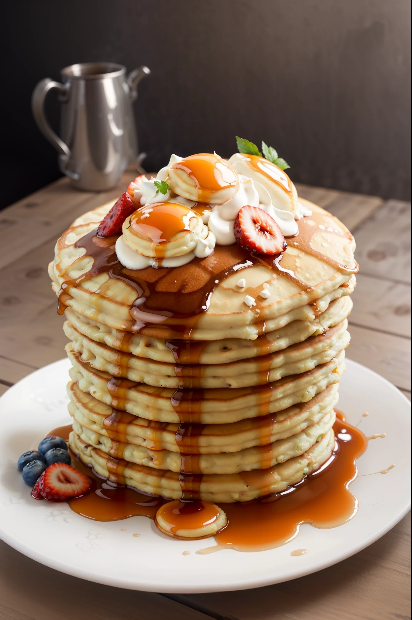 masterpiece, high quality, best quality, pancakes poured with maple syrup, (thin pancakes), foodphoto,