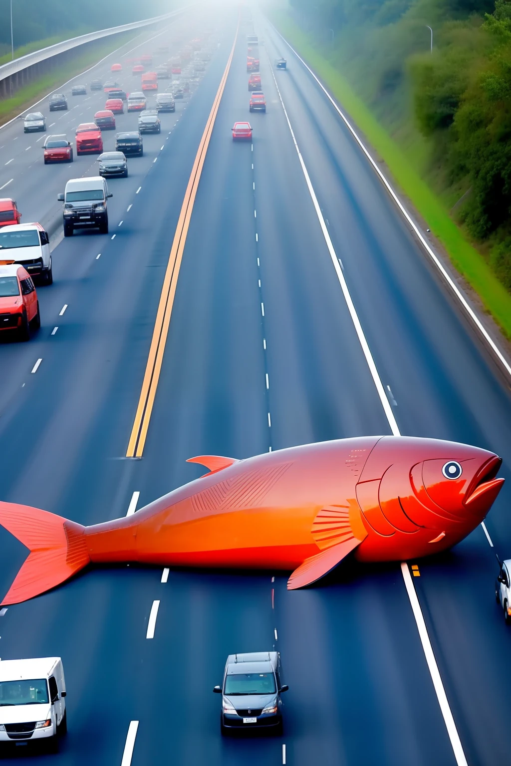 traffic jam, congestion, a giant fish lies across the highway, the road is blocked
