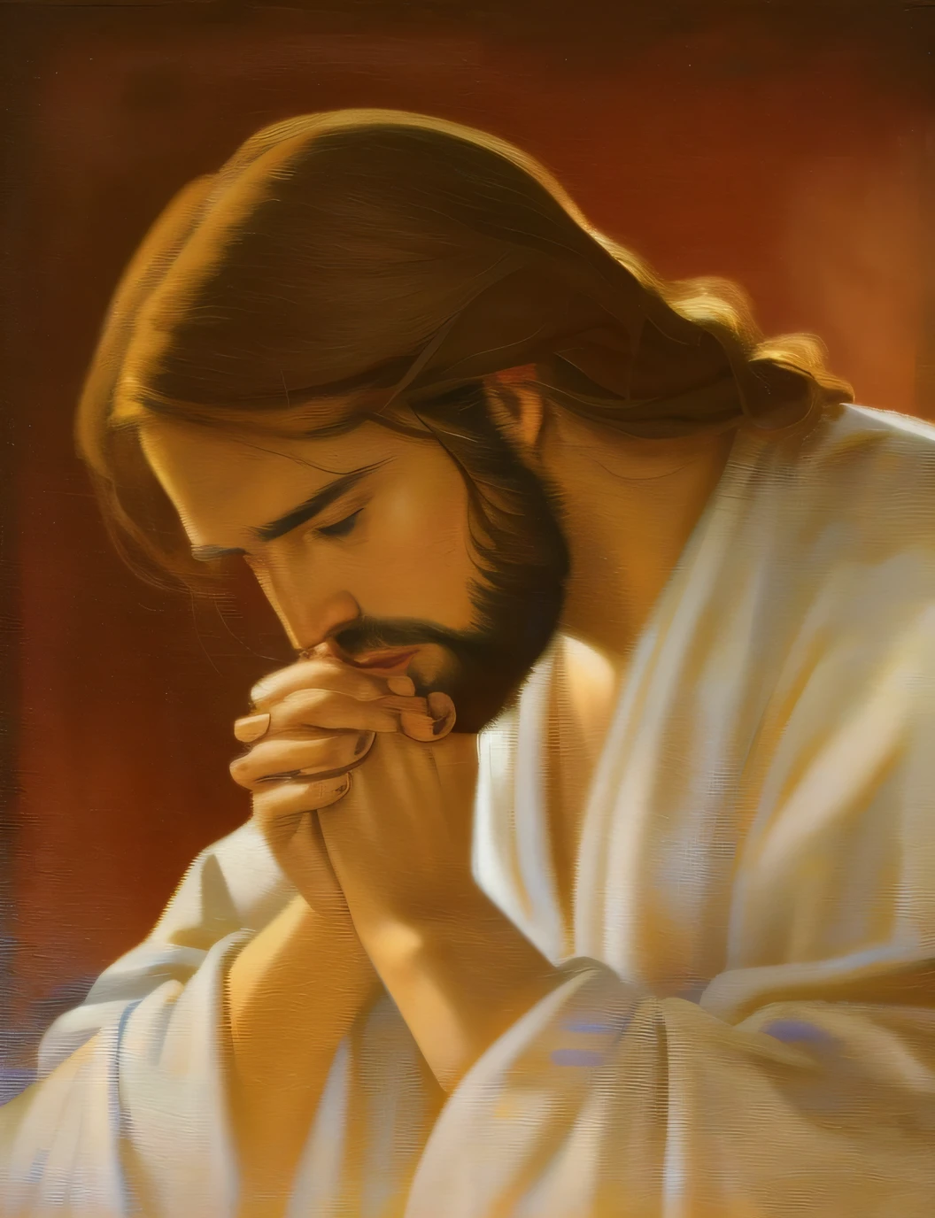 a painting of a man with a beard and a robe in prayer, kneeling in prayer, Absorto em pensamentos, praying posture, Jesus Cristo, doing a prayer, praying, sua mente contemplando a eternidade, Retrato de Jesus Cristo, he is all alone, Greg Olsen, rosto de Jesus, Directed by: Antonio Ciseri, Her eyes are closed, Jesus, orar meditando