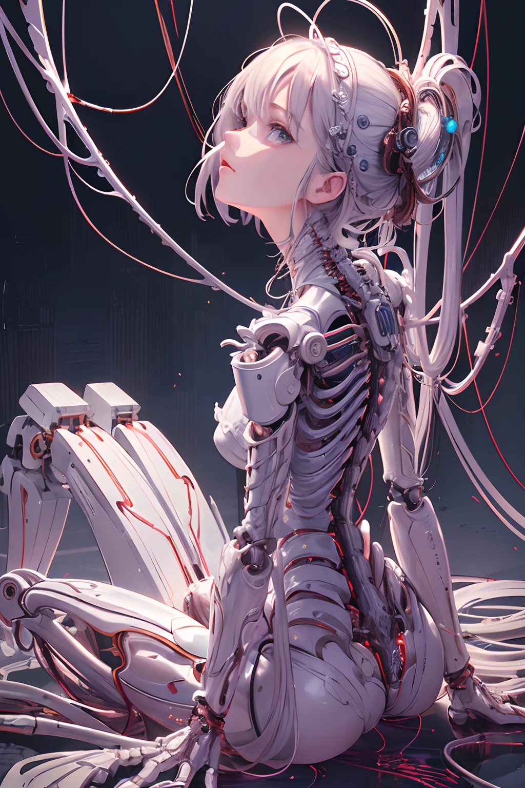 (((masterpiece))), (((best quality))), ((ultra-detailed)), (highly detailed CG illustration), ((an extremely delicate and beautiful)),(from side),cinematic light,((1mechanical girl)),solo,full body,(machine made joints:1.2),((machanical limbs)),(blood vessels connected to tubes),(mechanical vertebra attaching to back),((mechanical cervial attaching to neck)),(sitting),expressionless,(wires and cables attaching to neck:1.2),(wires and cables on head:1.2)(character focus),science fiction,extreme detailed,colorful,highest detailed