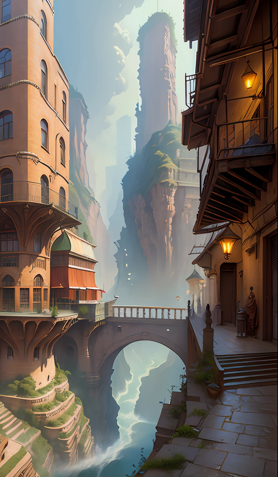 ((masterpiece)),((best quality)),((high detial)),((realistic,))
Industrial age city, deep canyons in the middle, architectural streets, bazaars, Bridges, rainy days, steampunk, European architecture