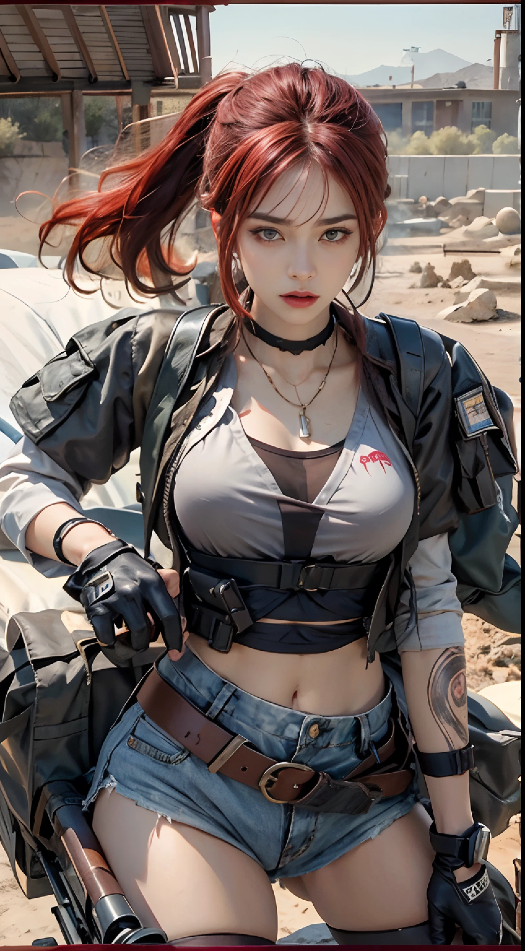 Photorealistic, high resolution, 1womanl, Solo,The background is in the desert, looking to the camera, (Detailed face), red hair, anger expression,SWAT vests, Gun, With black gloves,Fingers are occluded,exposing your navel,1 girl, solo, only one girl ,red hair, short ponytail, blue eyes, lay on the bed, necklace, piercings, hand tattoo,
