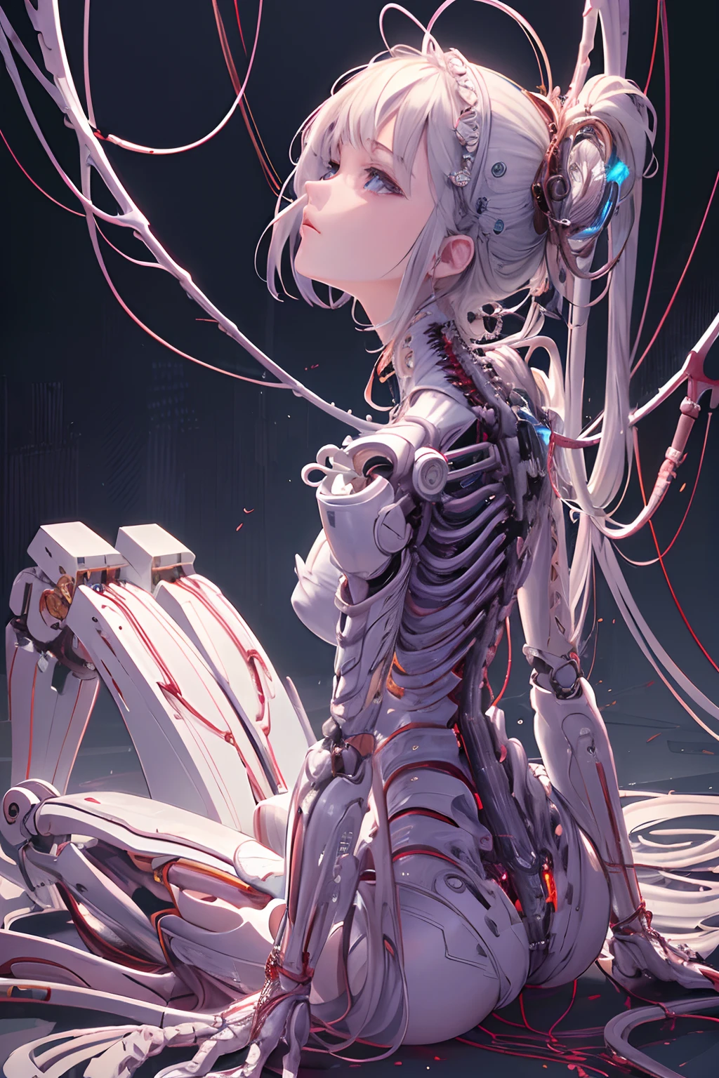 (masterpiece, top quality, best quality, official art, beautiful and aesthetic:1.2), (1girl:1.3), extreme detailed,colorful,highest detailed ((ultra-detailed)), (highly detailed CG illustration), ((an extremely delicate and beautiful)),(from side),cinematic light,((1mechanical girl)),solo,full body,(machine made joints:1.2),((machanical limbs)),(blood vessels connected to tubes),(mechanical vertebra attaching to back),((mechanical cervial attaching to neck)),(sitting),expressionless,(wires and cables attaching to neck:1.2),(wires and cables on head:1.2)(character focus),science fiction,white background,(blood:1.5)