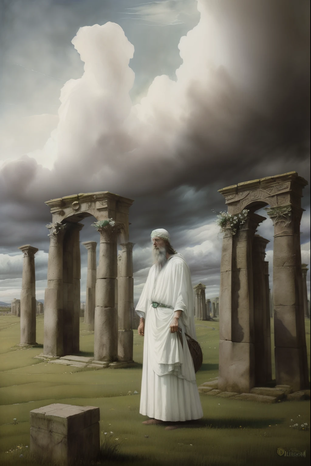 (((Celtic Pre-Raphaelite painting of an old druid in white clothes, olha para o alto e segura ramos de espinheiro-negro, many clouds in the sky. mistborn, paisagem celta, Pedra Henge)))