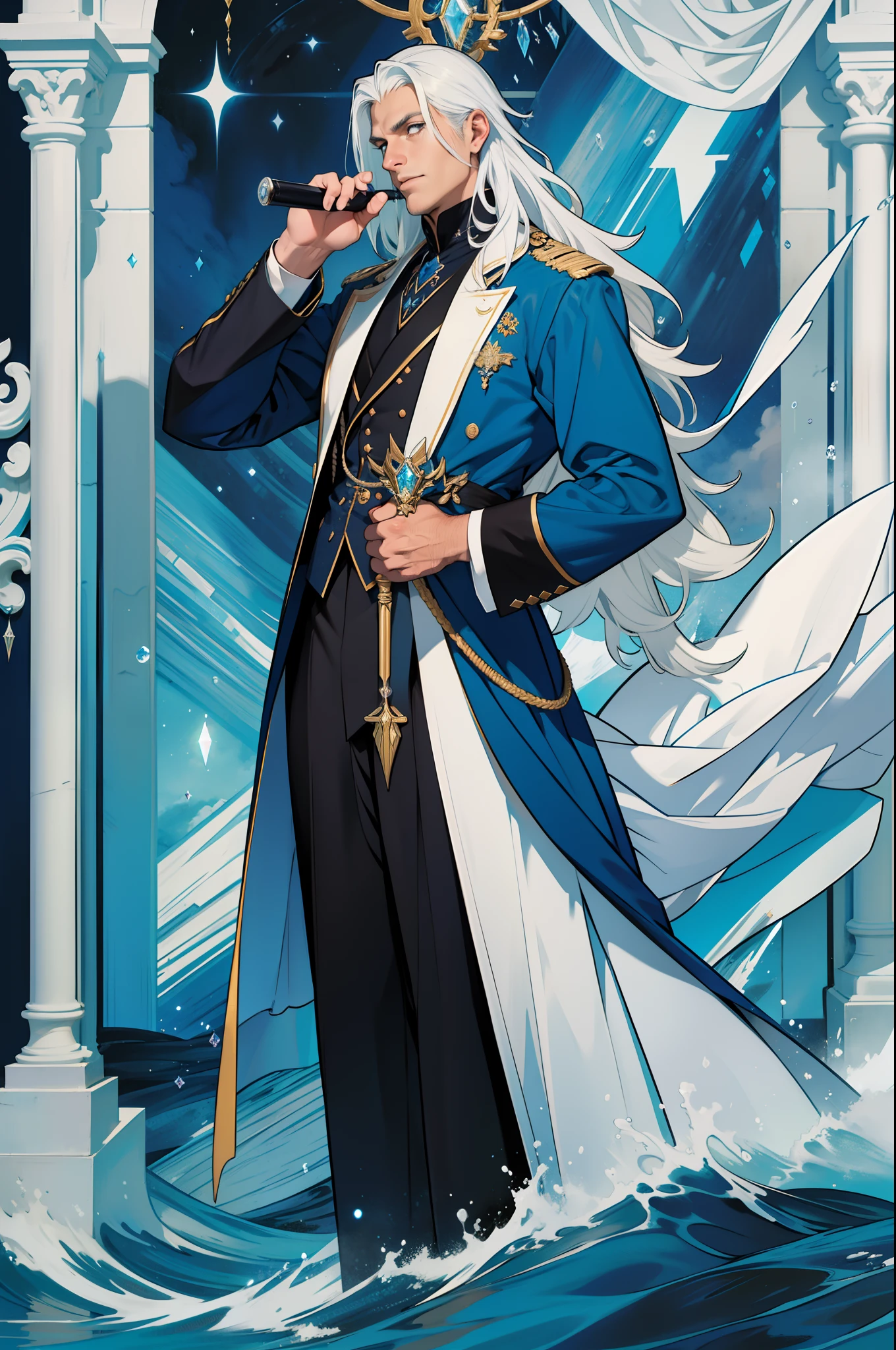 Homem adulto, french, de aspecto muito serio e bravo, olhar arrogante, usando roupas da realeza francesa azul escuro , roupa da realeza francesa , full of crystal props, French lord ,roupas muito escuras, Lorde, orelhas pontudas, olhos brancos, long white hair combed back , holding a dark blue cane in his hands. in the background a huge water dragon, various waves of water .