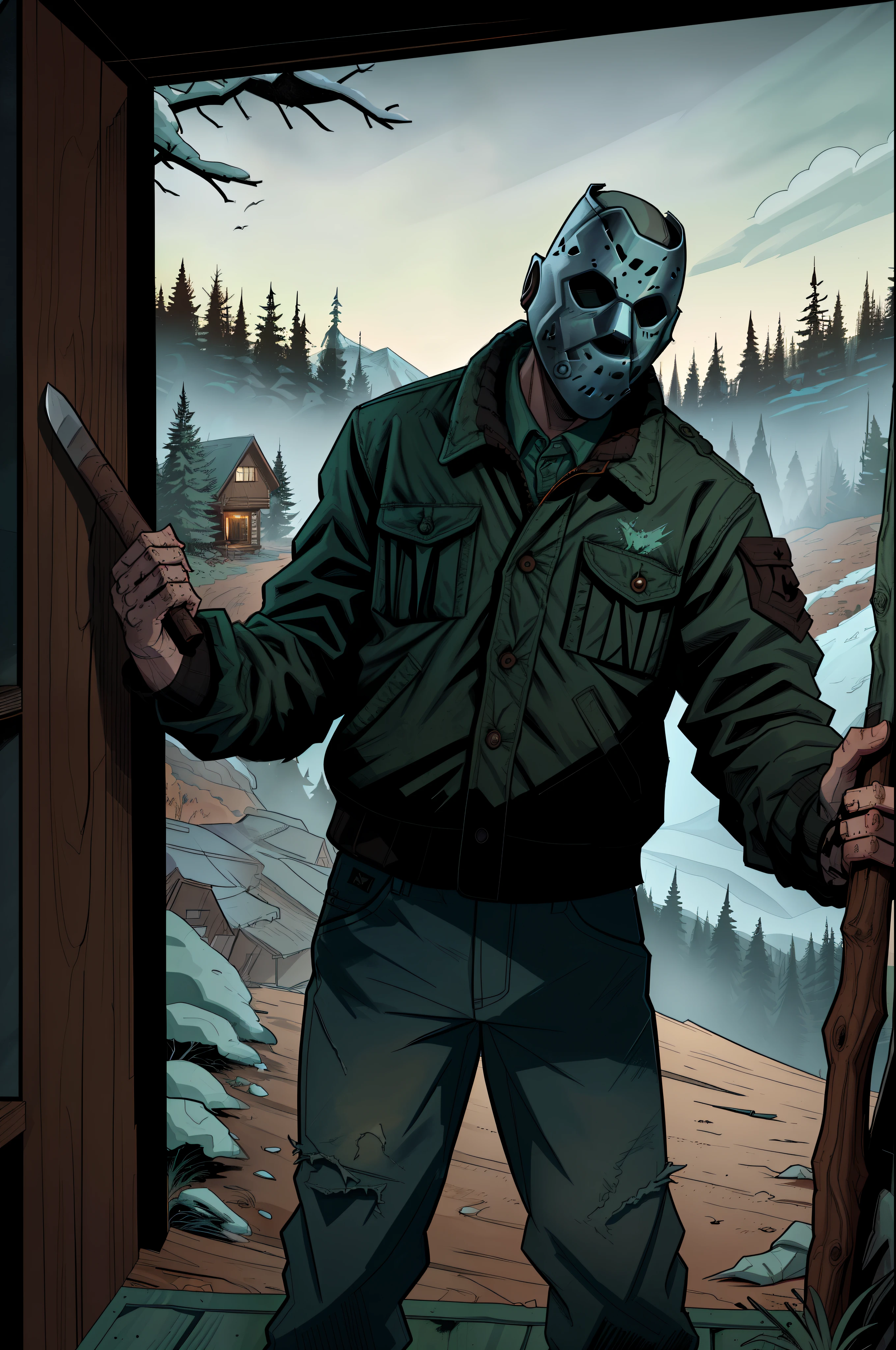 view from outside a cabin in the woods, Jason Voorhees, standing, holding a rusty axe, Hockey mask, wearing a torn up military green collared jacket and dirty brown pants, comic book style, flat shaded, prominent comic book outline linework