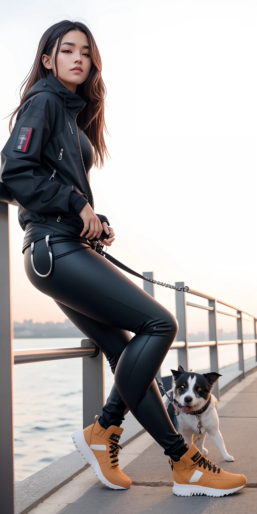 Beautiful woman leaning on a railing with a dog on a leash, Fotografia de uma mulher techwear, com dois bolsos frontais, Jet Black Leggings, Leggings, Slacks, 2 mulheres techwear, with his hands in his pockets, Leggings Pretas, cargo pants. CIDADE CYBERPUNK, jeans preto extremamente apertado, vestindo roupas urbanas, Techwear Look e Roupas