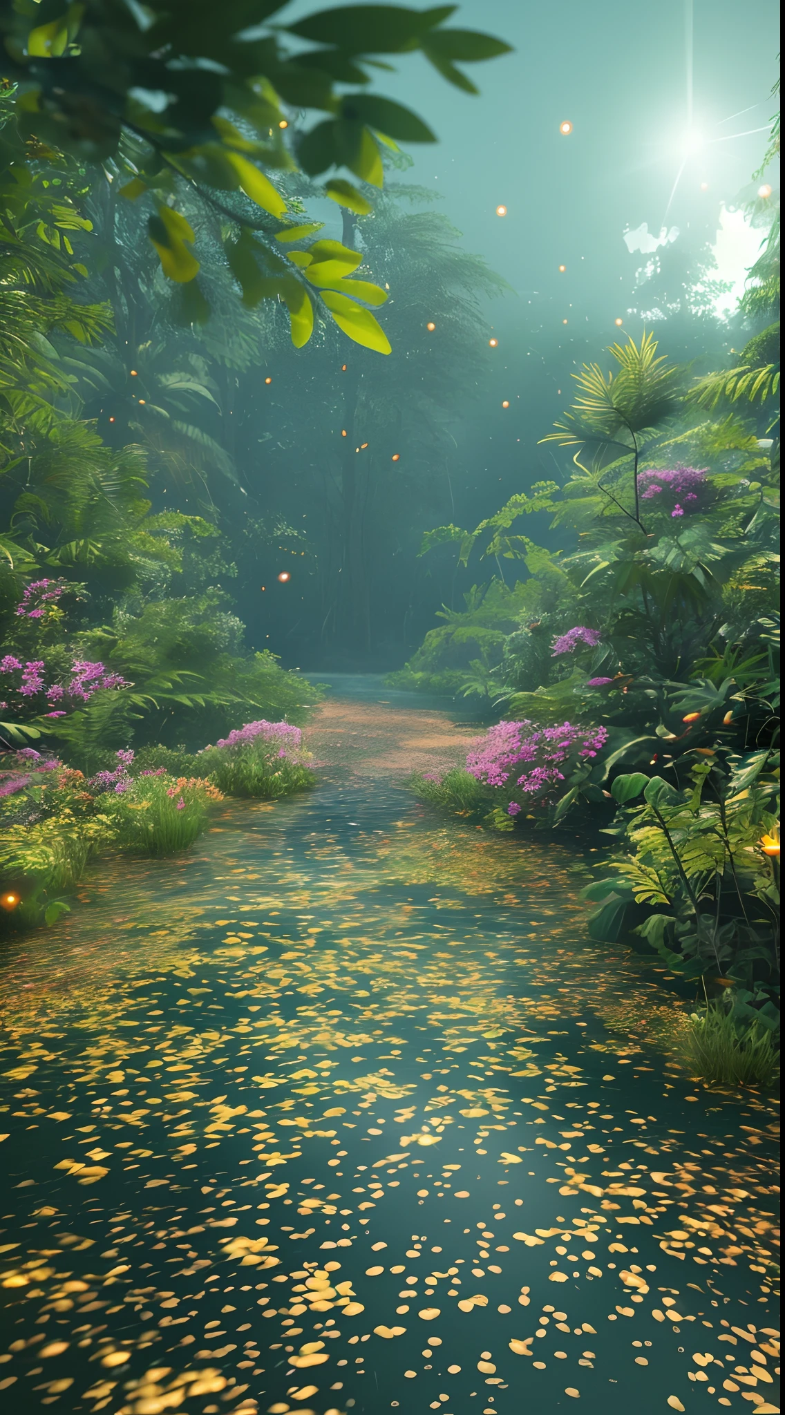 Masterpiece, best quality, (very detailed CG unified 8k wallpaper), (best quality), (best photo), (best shadow),  drinking water in the pool, Natural elements in forest theme. Mysterious forest, beautiful forest, nature, surrounded by flowers, delicate leaves and branches surrounded by fireflies (natural elements), (jungle theme), (leaves), (branches), (fireflies), (particle effects) and other 3D, Octane rendering, ray tracing, super detailed