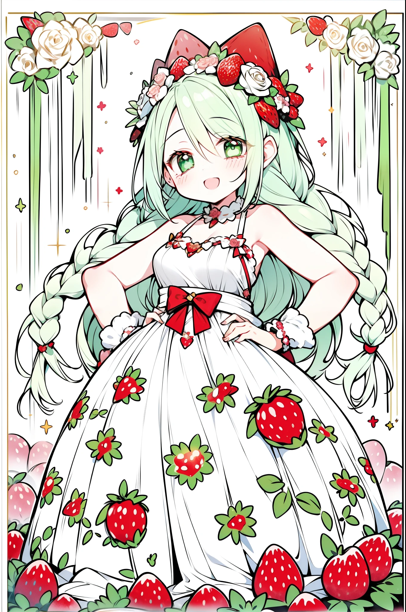 1girl, wearing a (rose print) dress, in a ((strawberry field)), happy and smiling, mythical world with giant fruit  🍓, foamy teal light muted color palette🎨, hands in hips, energetic, fashion dress, fruits, long hair in braids, foam green hair