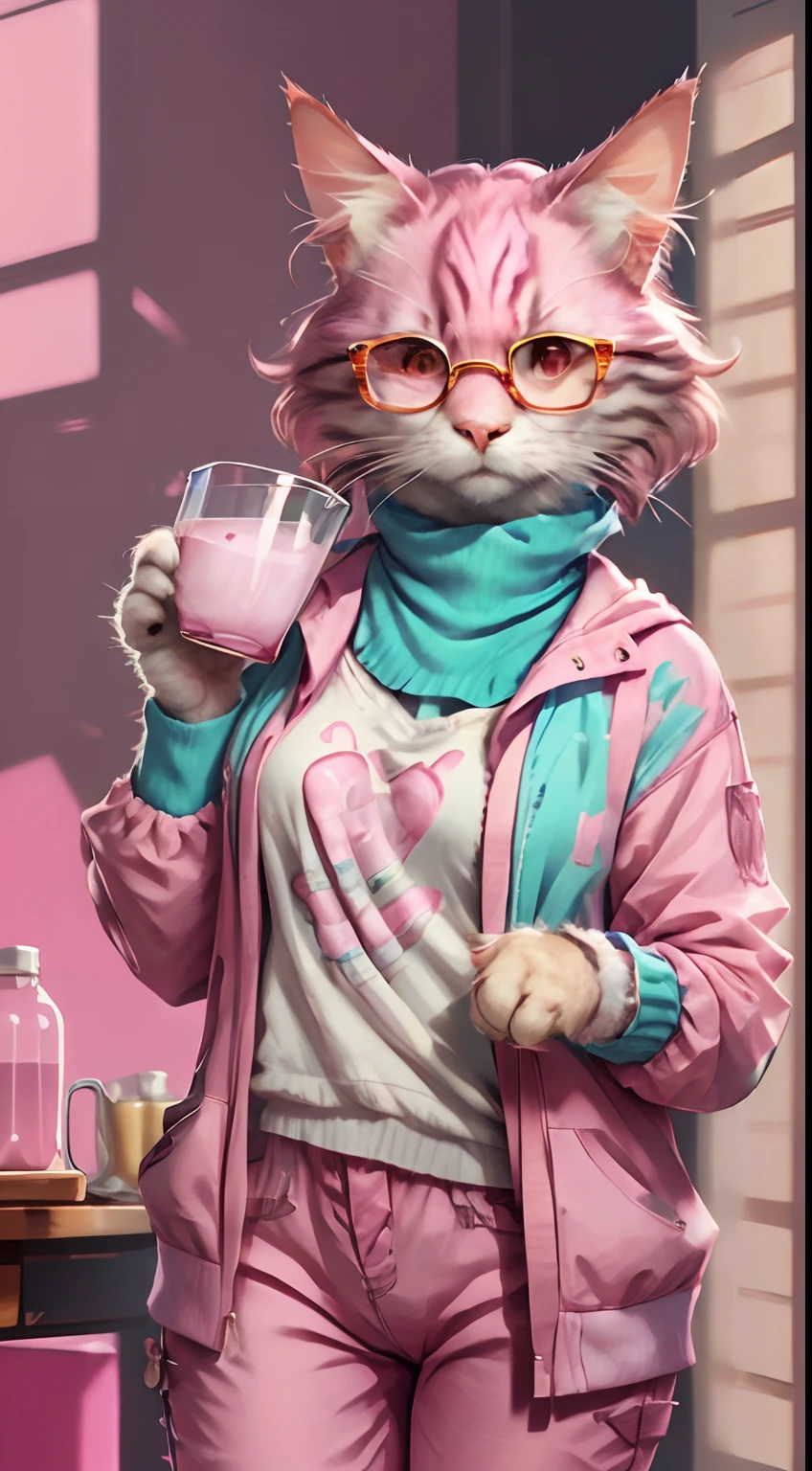 A cat, beautiful, with feminine clothes, with pink glasses, drinking milk, 3d, realistic, strong colors, vibrant, with fine strokes, and elegant