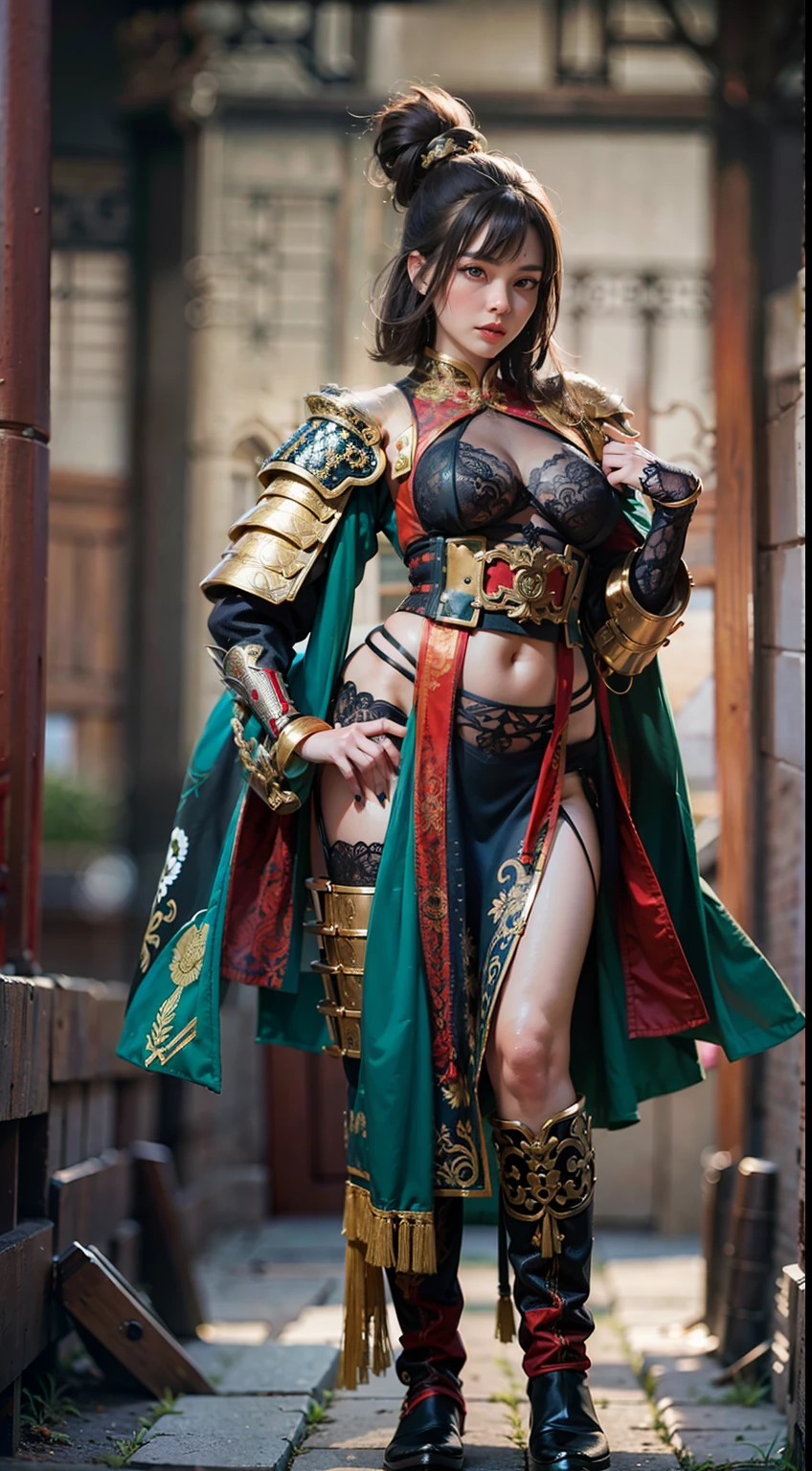 Ancient Chinese architecture,Female warriors in national style,Wear revealing armor,Simple clothing, Minimalist style,Mixed Chinese and American races,The background is blurred out,focal,Cowboy shot,电影灯光,(((tmasterpiece))), ((best qualtiy)), ((Complex and detailed)), ((ultra-realistic realism)), Ridiculous resolution, A MILF, Mature woman, ssee-through, highly detailed, illustratio, 1girll, (mediuml breasts), Thin waist and thick hips,long leges,beatiful detailed eyes, short detailed hair, brunette color hair, a purple eye, blackstockings,lacy clothing,with faintly visible,Cool armor,The body proportions are perfect,(No underwear:1.2),detailed back ground, perfect eyes, Seductive eye, (nice hand),Detail hands,looking at viewert,From the front,Wear light,juicy legs,deep v big breasts,Tattooed with