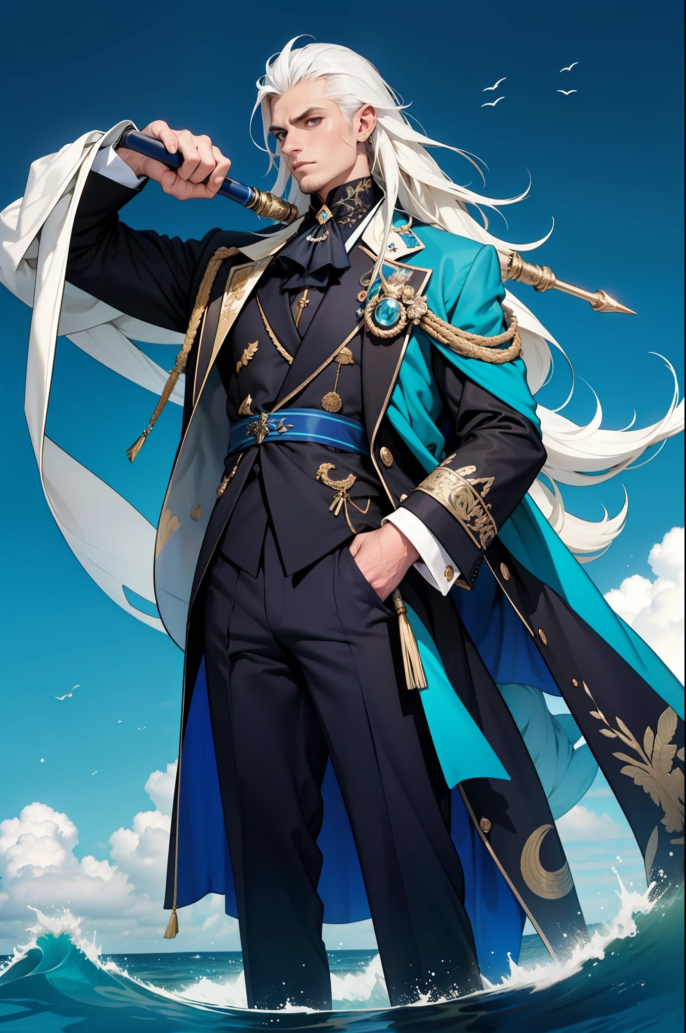 Homem adulto, french, Very serious and blatant look, olhar arrogante, usando roupas da realeza francesa azul escuro , roupa da realeza francesa , full of crystal props, French lord ,roupas muito escuras, lorde, orelhas pontudas, olhos brancos, long white hair combed back , holding a dark blue cane in his hands. in the background a huge water dragon, various waves of water