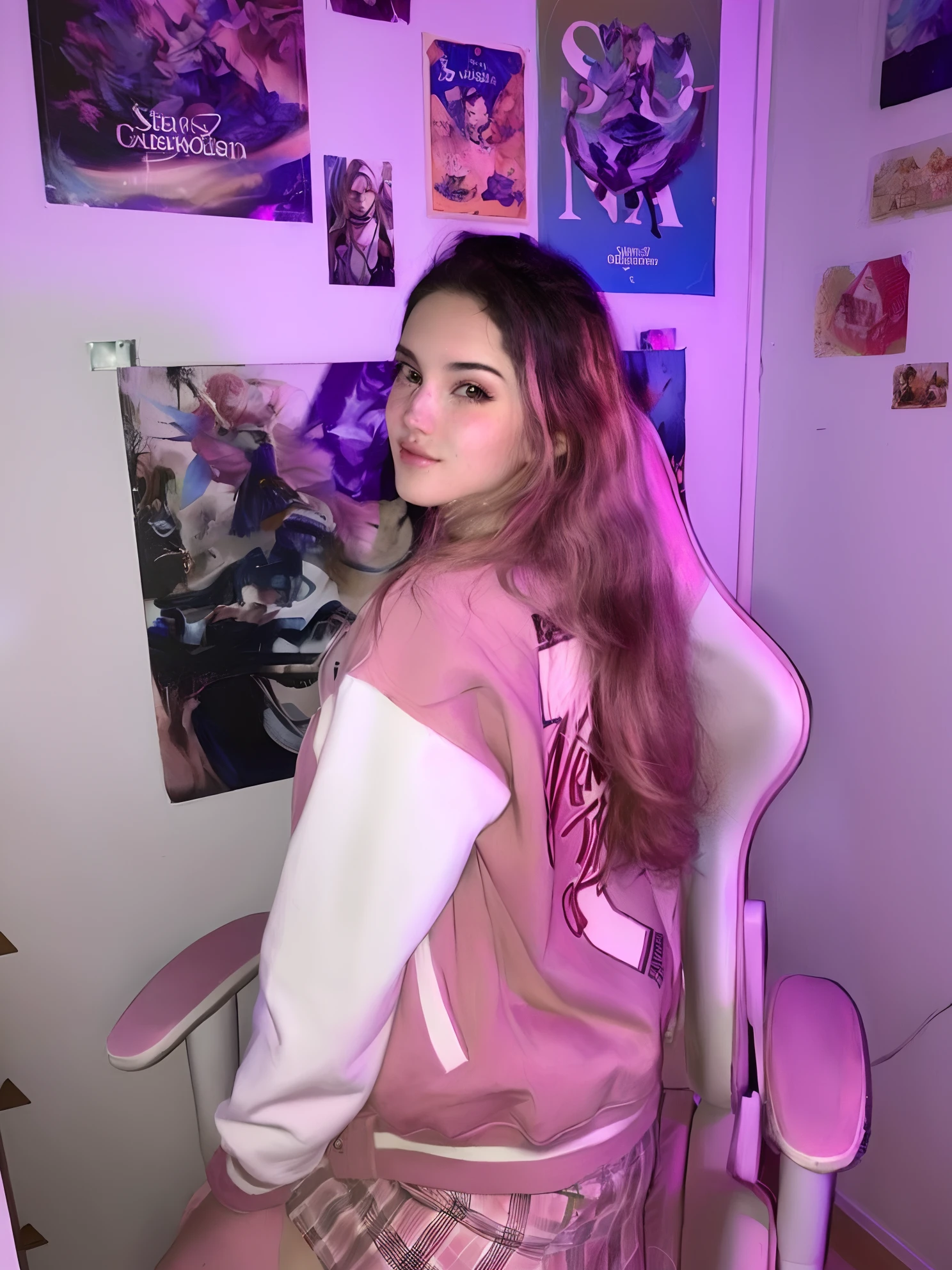 Menina sentada em uma cadeira em uma sala com cartazes na parede, usando um capuz rosa, usando um capuz rosa pastel, Pokimane, rosto rosa brilhante, cabelo rosa claro com chamas cor-de-rosa, menina cor-de-rosa, gamer aesthetic, algum rosa, vibe rosa, Streamer do Twitch, roupas cor-de-rosa, rosa desbotado, she is wearing streetwear, cabelo liso rosa