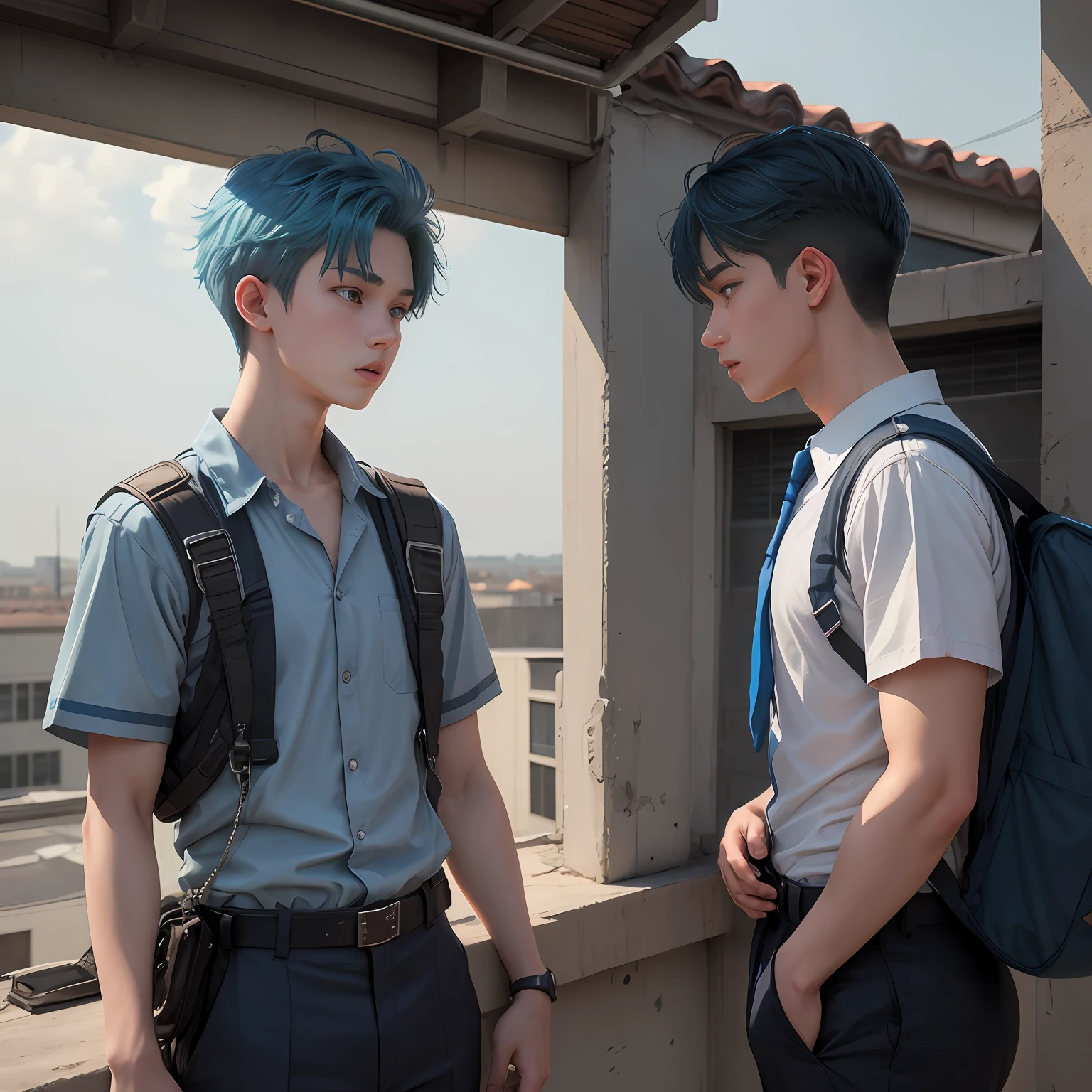 Two 15-year-old male friends in high school uniform with blue hair arguing on the roof of the school are upset and look into each other's eyes...........