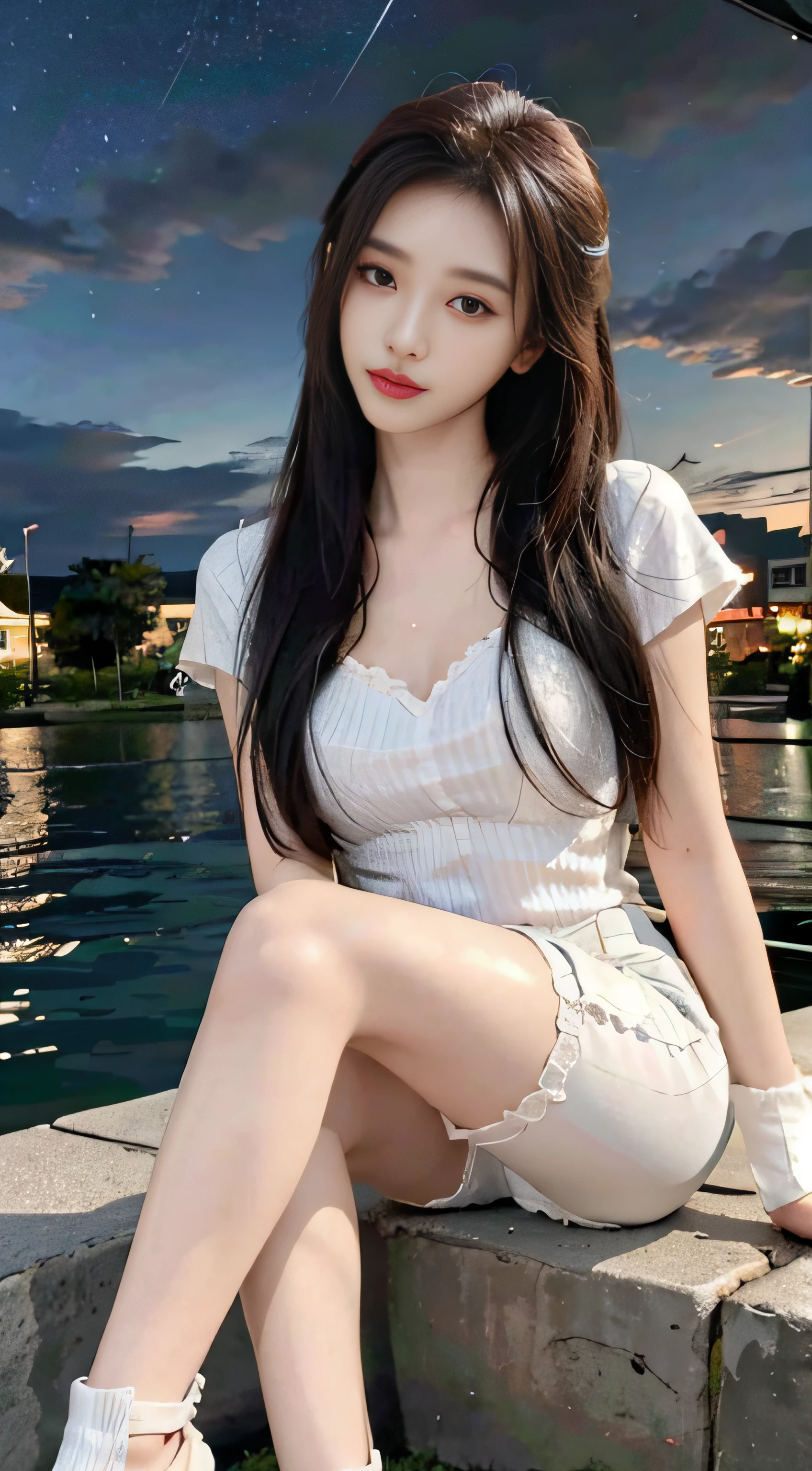 8K original photos,best qualtiy,tmasterpiece,超高分辨率,Natural skin texture,Realistic eye and face details,(looking at viewert,face to the viewer),'s plump lips,lipsticks,Red eyeshadow,beautifullegs,Tall women,Skinny,Skinny Thighs, 1girll, Solo, 校服, The shirt, White tights, Sitting,Outdoor starry sky scene