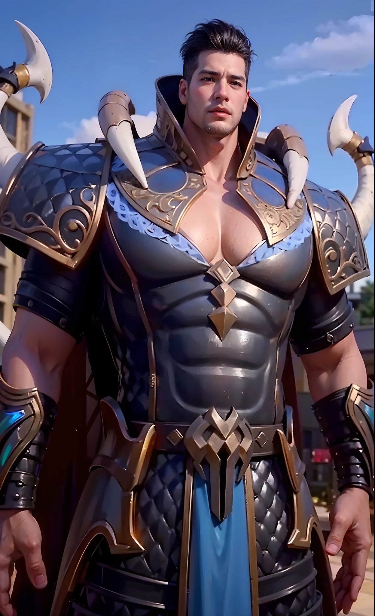 arafed male in armor standing in a church with a chandelier, unreal engine render saint seiya, unreal engine 5 4 k uhd image, attractive beefy male with armor, ares with heavy armor and sword, cinematic unreal 5, attractive male with armor, fantasy style 8 k octane render, unreal 5 engine highlly render, silver and gold heavy armor