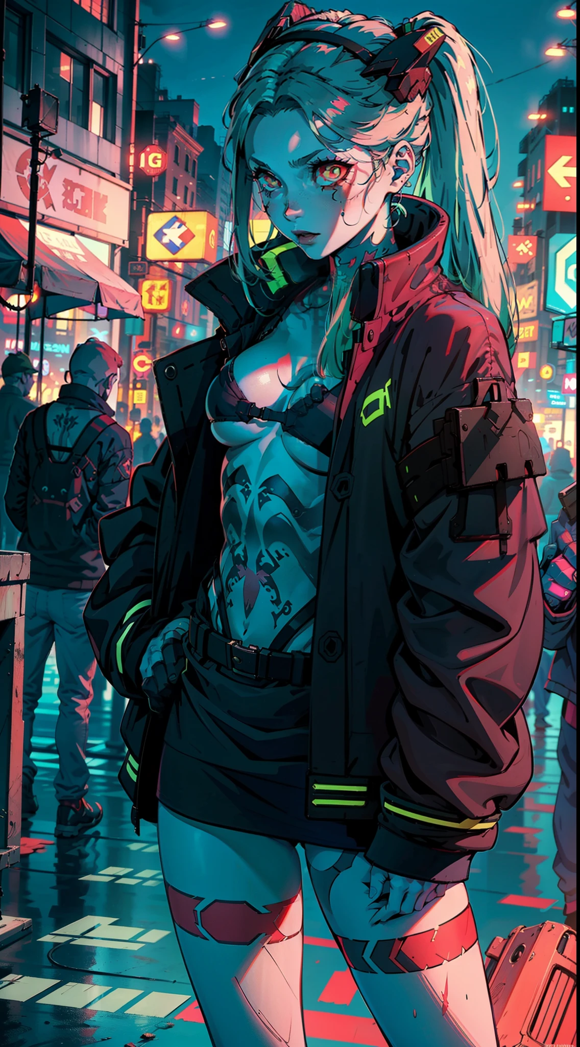 alta resolução, obra-prima, melhor qualidade, 1girl, red sclera,red pupils, cyborgunder, green hair,colored skin, many tattoos, roupa futurista, skirt, detalhes neon, estilo cyberpunk neon, ao fundo cidade cyberpunk a noite, pele finamente detalhada, seios enormes, pernas muito musculosas