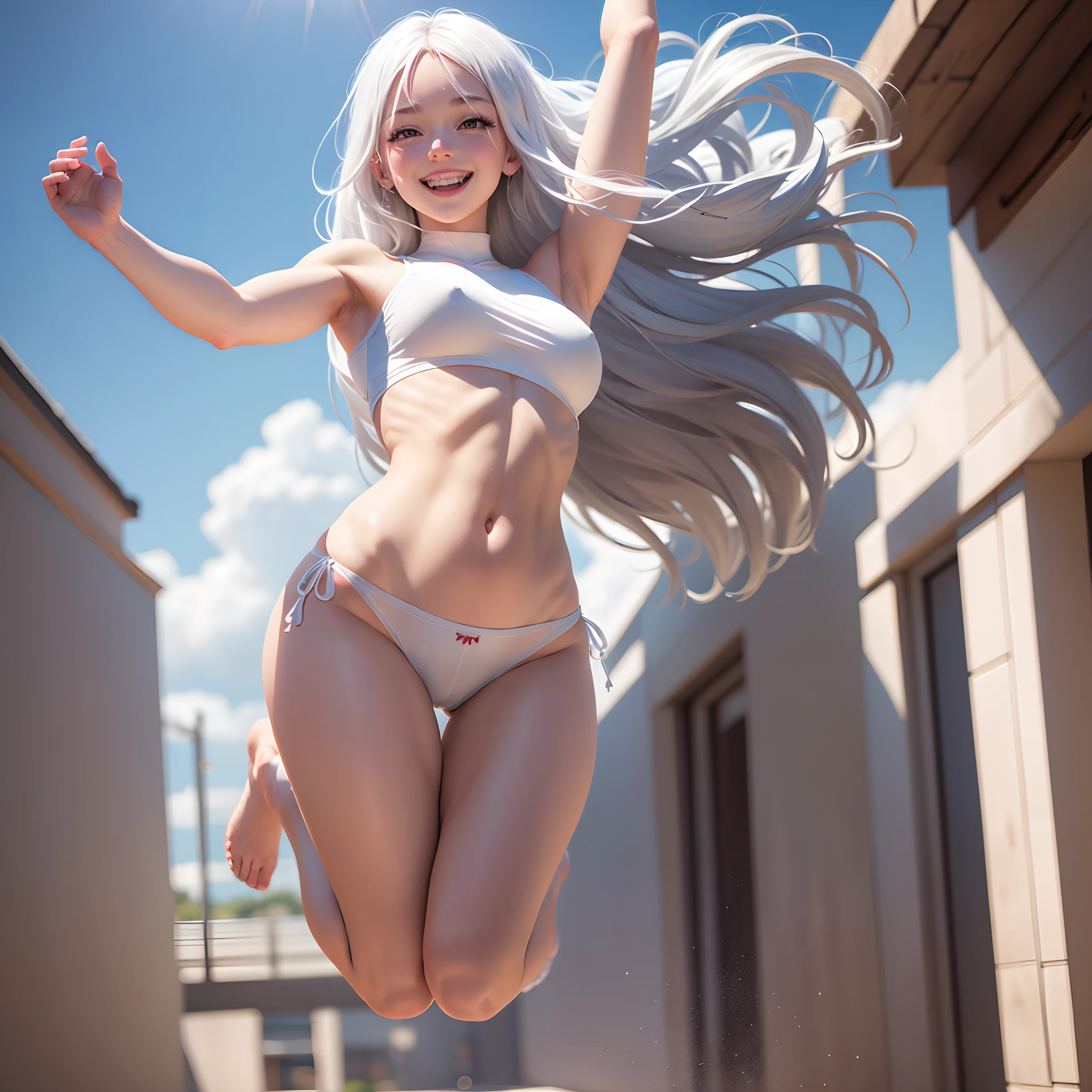 Girl, full body, white hair, clear sky, underwear, white eyes, raised hands, joy, smiling, beautiful, smooth skin, refreshing style, deep colors, full body, jumping for joy, high quality, 8K, ultra-realistic