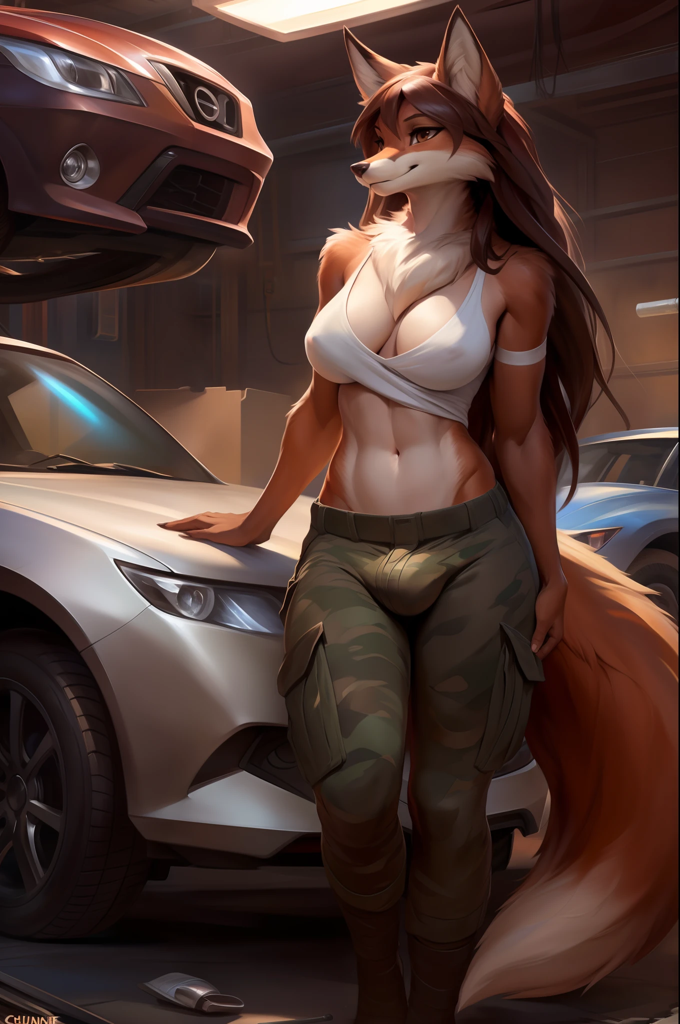 4k, high resolution, best quality, masterpiece, perfect colors, perfect shadows, beautiful and detailed portrait of a (((feminine))), perfect lighting, posted on e621, (by Chunie, by Einshelm), furry, anthro, furry art, ((portrait)), Female fox, red fox, (two-toned fur), furry body black legs from foot to knee,fluffy, fluffy tail, body fur, animal nose,chin fluff, muzzle, Mane,Big fluffy chest tuft, big fluffy neck tuft,fluffy neck, fluffy chest, Lots of fluff, Beautiful brown eyes, fit body, perfect masculine body, detailed fur, detailed face, ((Bonifasko lighting)), fox tail, (detailed eyes), perfect pupils, Tall, Long brown hair, messy long hair, Wide hips, big legs, C cup , Fluffy neck, Huge Fox tail, Camo cargo pants, wearing clothes, Arms white , Shirt, Workshop background, Car workshop background, Car mechanic backgound, car mechanic clothes, ((genitalia slip)), ((genitalia overflow)), genitalia outline on clothing,(bulge),male genitalia
