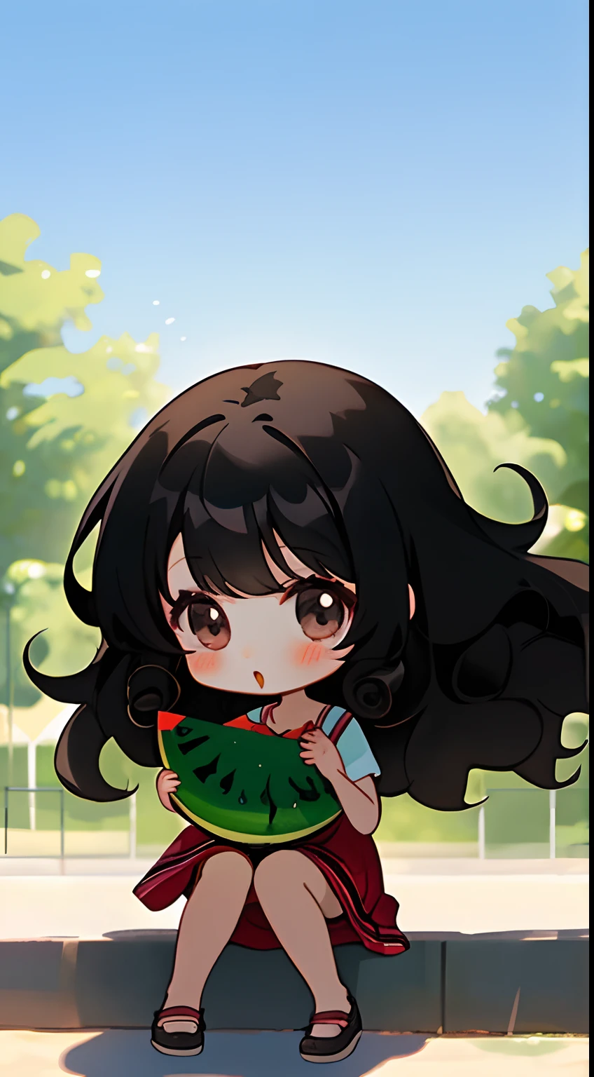 "Chibi girl with black hair and dark eyes enjoying watermelon in a park with long curly hair."