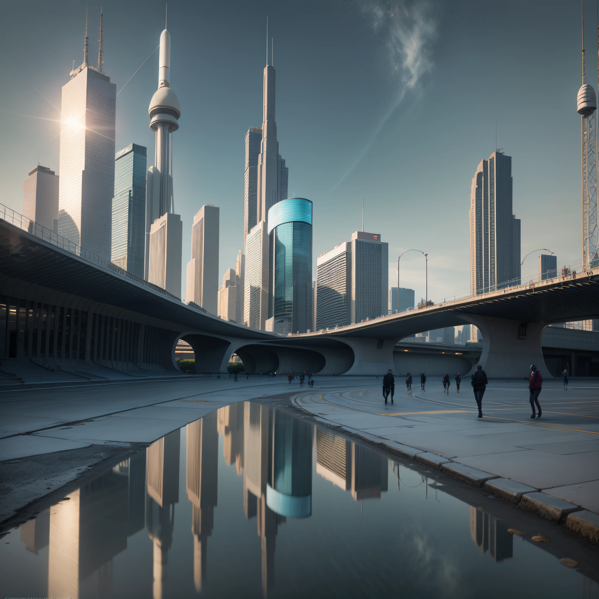 en un planeta desconocido la tripulacion de una spacecraft, Stroll along its brilliant pavement observing the immense buildings of great technology and fantastic design with luminous colors of arc and abundance of silver, oro y bronce en sus edificaciones.