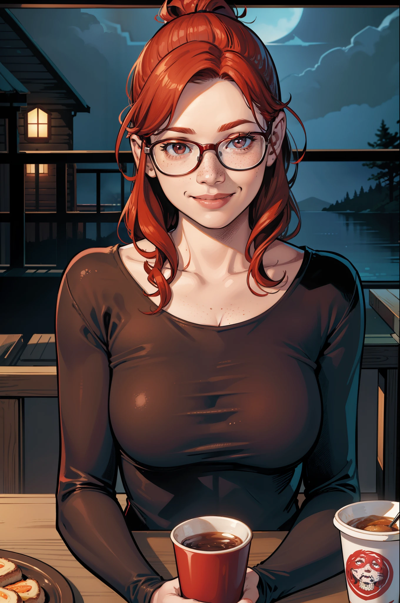 Clay Mann, woman, warm and sensual smile, cute, sitting, Jason Voorhees looming in the the background, table, cup, glasses, freckles, red hair, ponytail, curly hair, cabin, night, indoors, detailed, masterpiece, absurdres, best quality