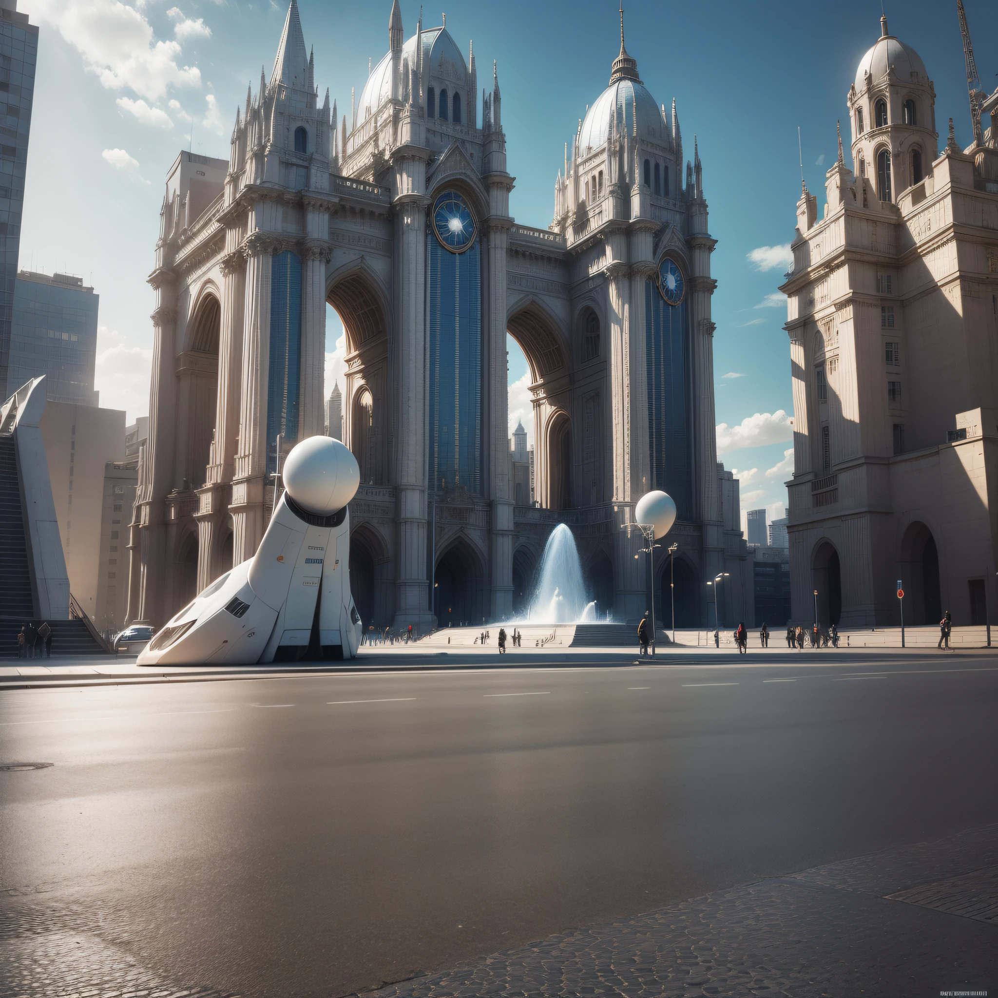 en un planeta desconocido la tripulacion de una spacecraft, Stroll along its brilliant pavement observing the immense buildings of great technology and fantastic design with luminous colors of arc and abundance of silver, oro y bronce en sus edificaciones.