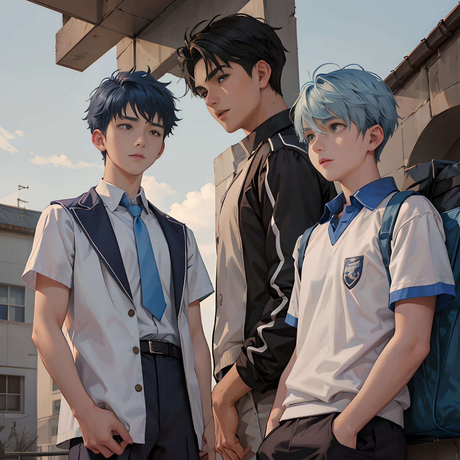 Two -yeld mafriends in high school uniform with blue hair arguing on the roof of the school are upset and look into each other's eyes...............