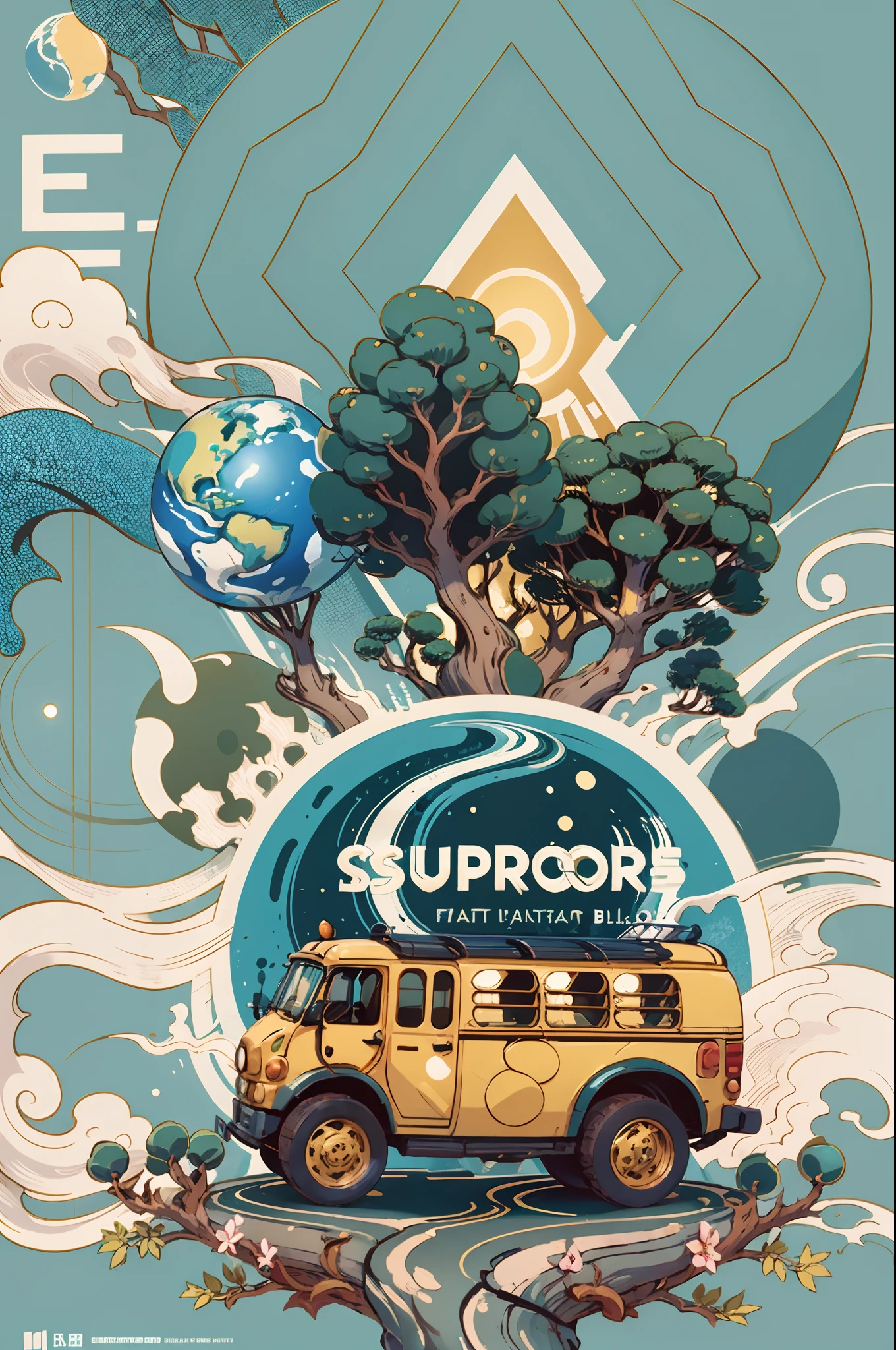 Earth Day poster, flat illustration, super cute bus in green spherical globe, trees, flowers, landscape, blue, green, yellow, simple background, center composition, bright colors, chiaroscuro, super high detail, 4k, flat illustration