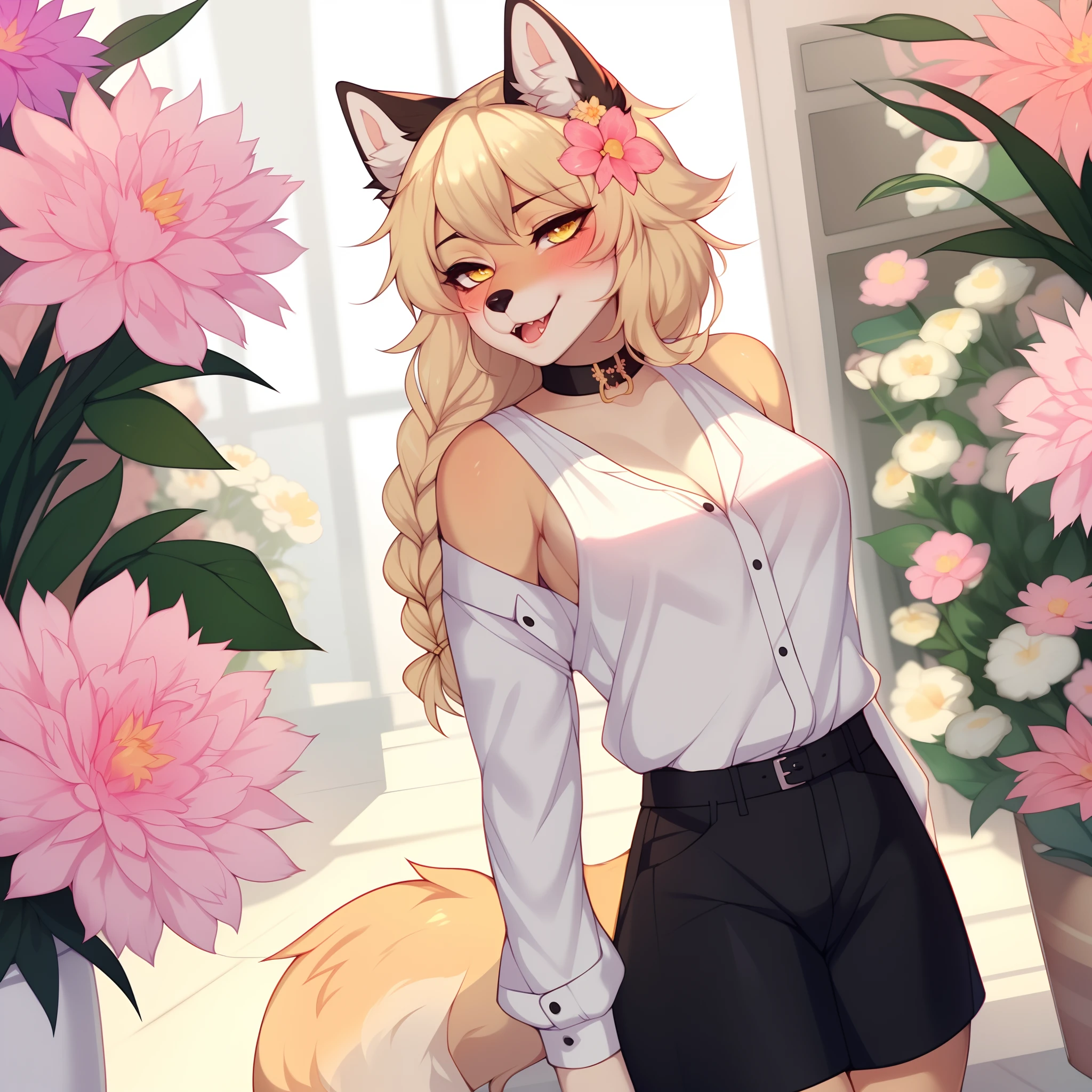 (By hyattlen, by fumiko, by claweddrip):1.1 solo:1.1, (cute tan fox girl), female, fluffy tan ears, black_fox_ear_tips:1.1, (tan_body:1.1), black nose, cute_snout:1.1, fluffy blonde tail, white tail tip, solid yellow eyes, detailed eyes, blonde french braided hair, wearing white blouse, black shorts, black sandles, paws, 4 toes, hands behind her back, blushing, flirting, mouth slightly open, smiling, very large sharp teeth, sharp canines, walking in a flower shop, pink flower in her hair,