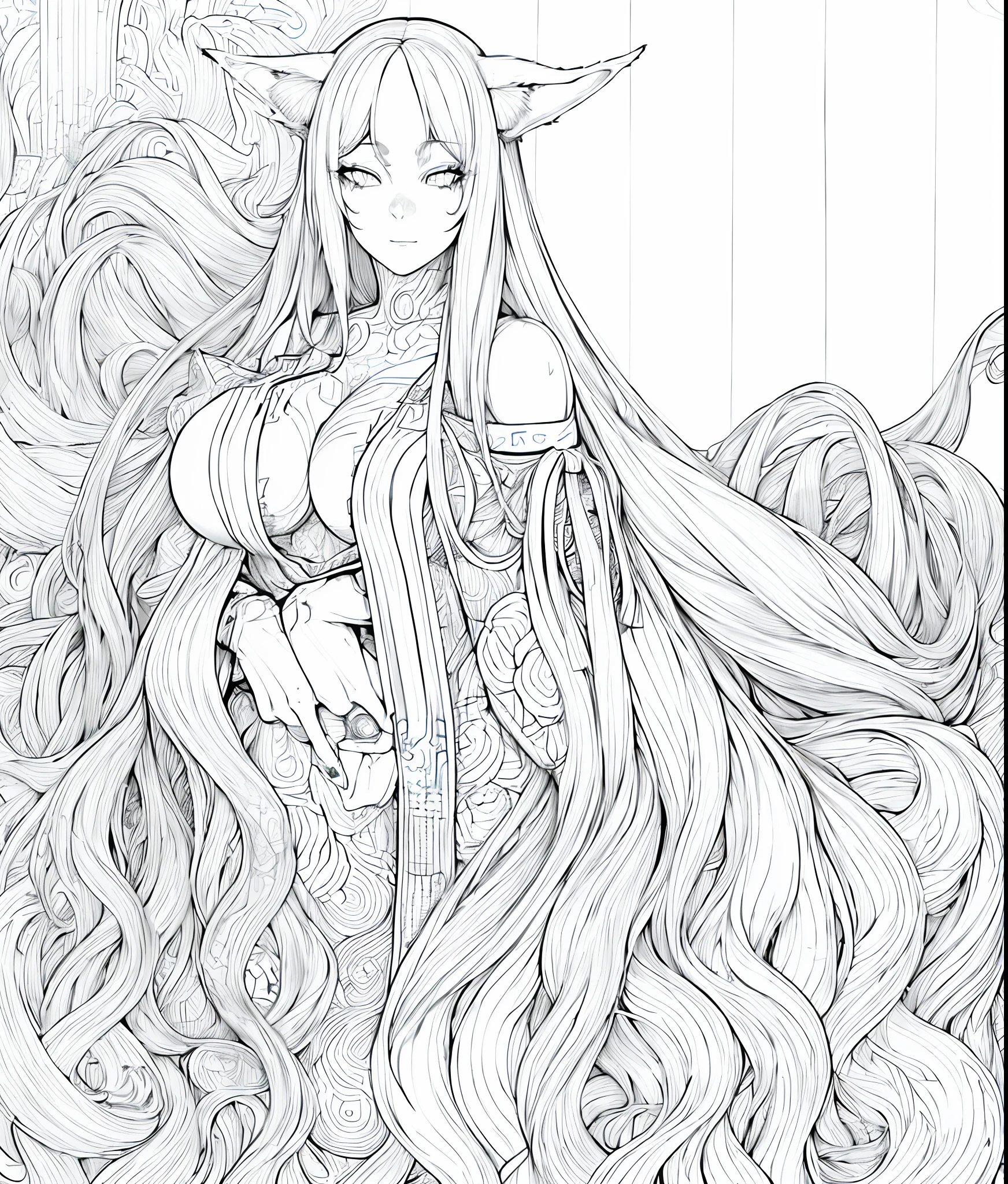 1girl (adult woman:1.2) fox ears, fox tail (very_long_hair, white_hair:1.3) (portrait:1.3) yakuza, ganster (coloring book, masterpiece, realistic:1.3), (extremely intricate:1.2), (sketch, doodles, monochrome, lineart:1.2) (by WLOP:1.3)