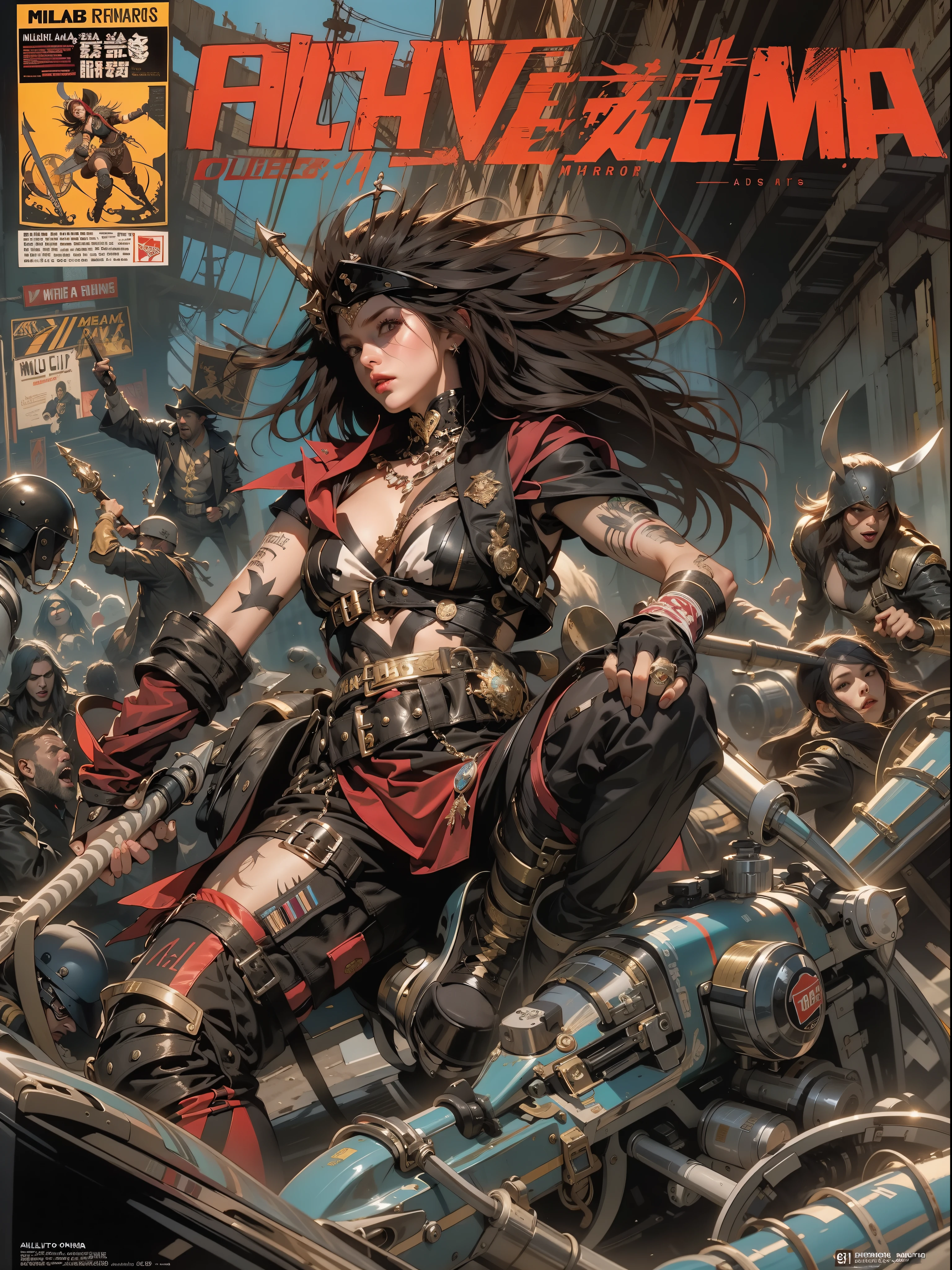 (((mulher))), (((melhor qualidade))), (((obra prima))), (((adulto))), Uma pirata mulher de 35 anos com corpo perfeito, Gladiadores do Brooklyn, (( sob os peitos )), quase nua no estilo selvagem urbano de Simon Bisley para a capa da revista Heavy Metal, cabelo loiro, Minimum clothing, black and red graphics in suit, armadura, cheio de pontas e rebites, tatuagem tribal, (((do joelho pra cima))), cabelo desalinhado