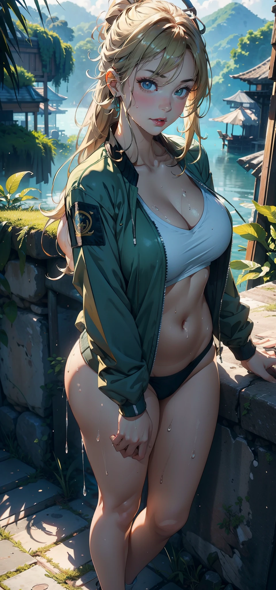 1female,35yo,mature,Large breasts,Pornographic exposure, 独奏,(Background with:sea beach,rainforests,in summer,Standing water on the ground,exteriors) Feel free to hairstyle,standing on your feet,legs are open,Sweat profusely,drenched all over the body,seen from the front,a blonde hair , mostly cloudy sky,(((tmasterpiece),(Very detailed CG unity 8K wallpaper),best qualtiy,cinmatic lighting,detailed back ground,beatiful detailed eyes,Bright pupils,(Very fine and beautiful),(Beautiful and detailed eye description),ultra - detailed,tmasterpiece,)),facing at camera,A high resolution,ultra - detailed)nakeness,比基尼,with no underpants,revealing breasts,Bare genitalia, Bulge,Camel toes,Raised sexy,Flushed complexion,Open-mouthed,frontage,military officer,(Wearing:green colored bomber jacket),cyber punk style