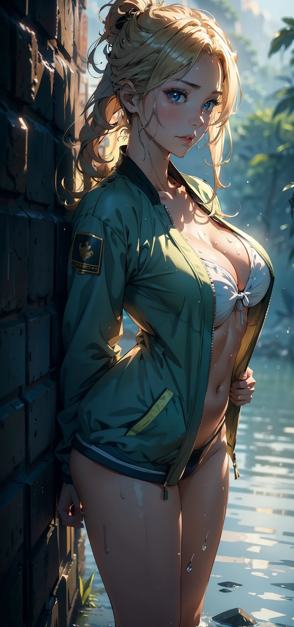 1female,35yo,mature,Large breasts,Pornographic exposure, 独奏,(Background with:sea beach,rainforests,in summer,Standing water on the ground,exteriors) Feel free to hairstyle,standing on your feet,legs are open,Sweat profusely,drenched all over the body,seen from the front,a blonde hair , mostly cloudy sky,(((tmasterpiece),(Very detailed CG unity 8K wallpaper),best qualtiy,cinmatic lighting,detailed back ground,beatiful detailed eyes,Bright pupils,(Very fine and beautiful),(Beautiful and detailed eye description),ultra - detailed,tmasterpiece,)),facing at camera,A high resolution,ultra - detailed)nakeness,比基尼,with no underpants,revealing breasts,Bare genitalia, Bulge,Camel toes,Raised sexy,Flushed complexion,Open-mouthed,frontage,military officer,(Wearing:green colored bomber jacket),cyber punk style