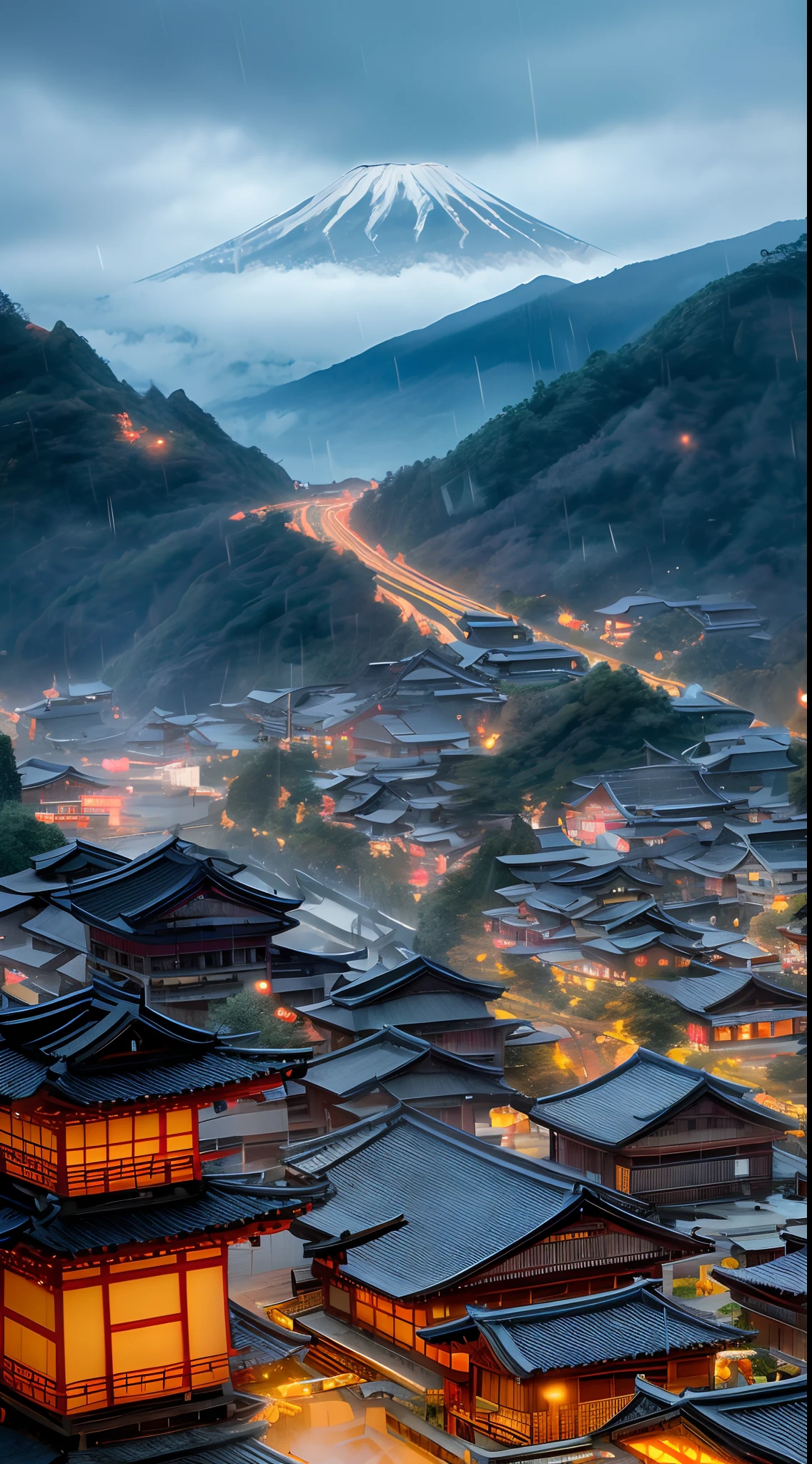 arafed view of a village with a lot of lights on the buildings with moun fuji in the background, dreamy japanese town, japanese village, amazing wallpaper, japanese town, japanese village, hyper realistic photo of a town, old asian village, japanese city, by Raymond Han, rainy evening, cyberpunk chinese ancient castle, beautifully lit buildings, at evening during rain, beautiful and aesthetic, photography, cinematic, 8k, high detailed ((Heavy rain)))