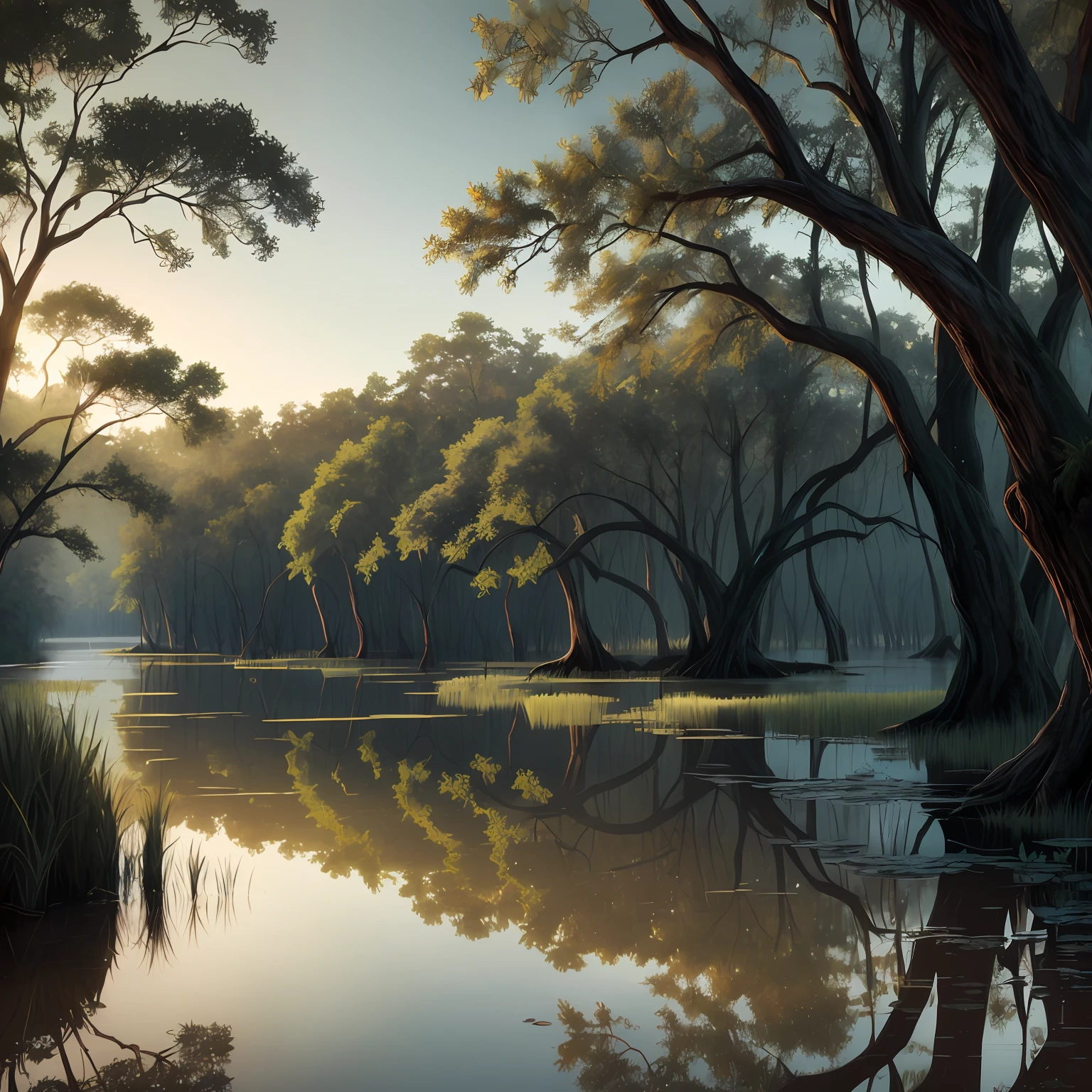 The trees are reflected in the water of a lake surrounded by grass, paisagem fotorrealista, beautiful render of a landscape, brazi. pintura fosca, Louisiana Swamp Scene, beautiful oil matte painting, Swamp Landscape, mystical forest lagoon, floresta pantanosa, floresta com lago, Marcos Adamus, paisagem hiper-realista, Pintura digital fosca 4K HD, pintura fosca bonita, madrugada, noite, noite estrelada, Sky of stars