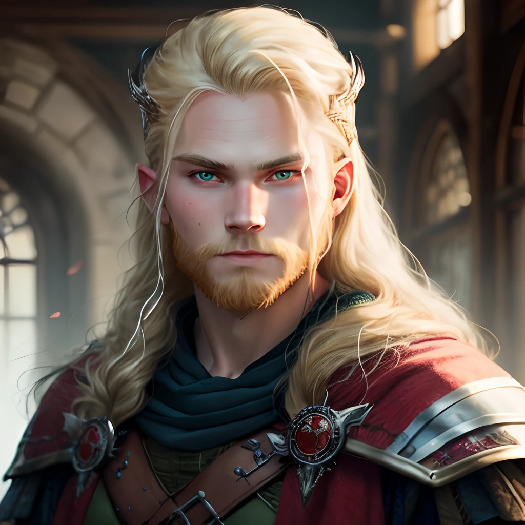 Blonde Viking with a green elmeth and red eyes